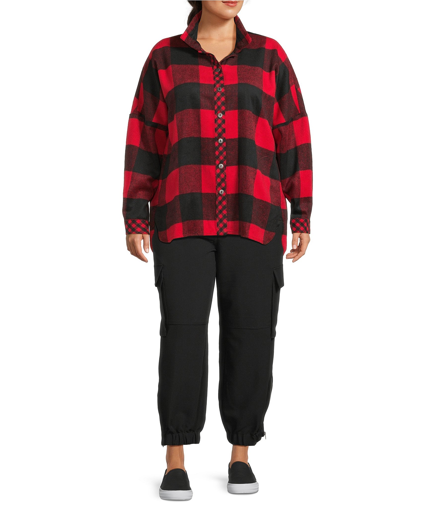 John Mark Plus Size Woven Buffalo Plaid Wire Collar Long Sleeve Hi-Low Hem Button Front Tunic
