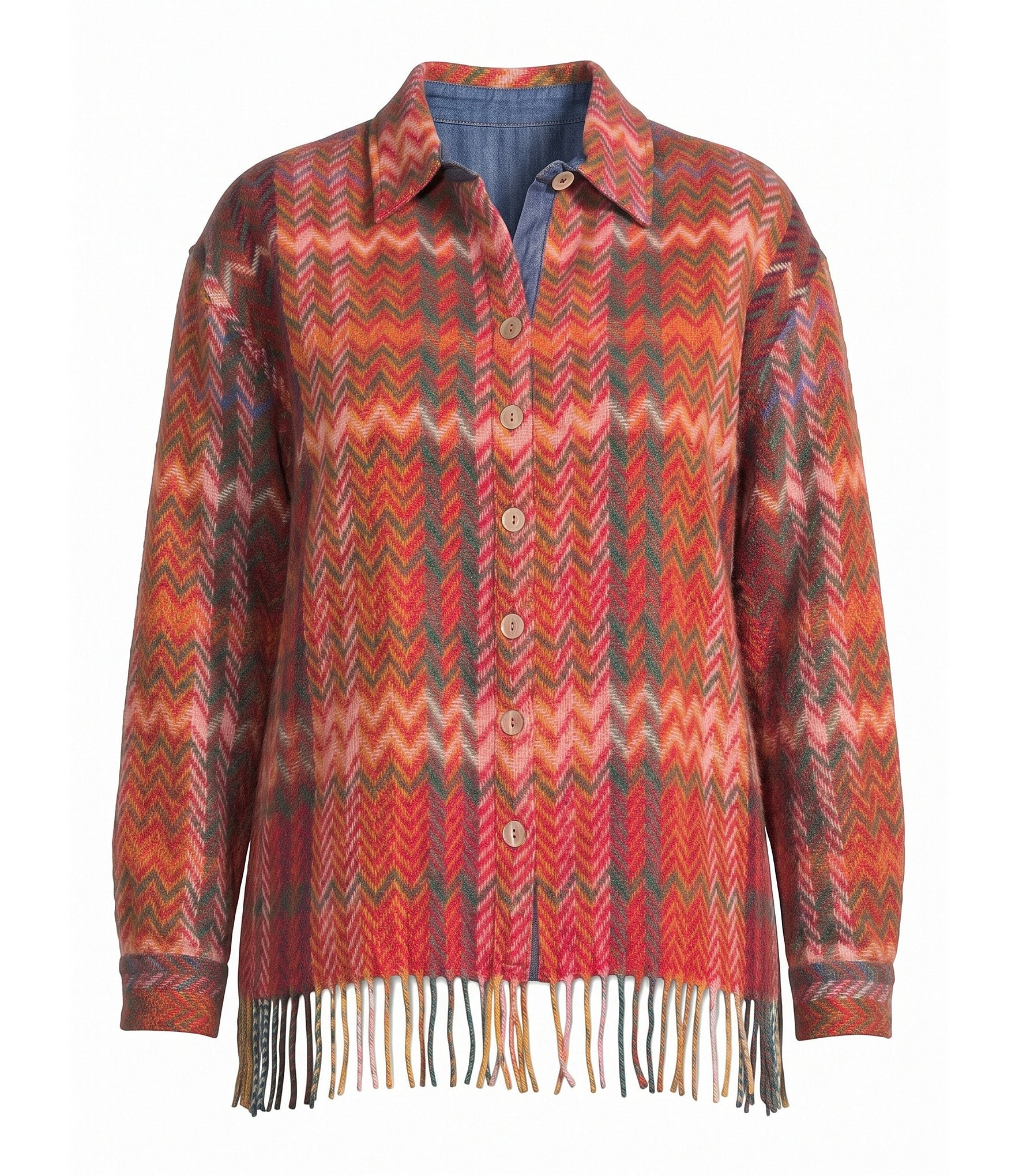 John Mark Plus Size Woven Chevron Pattern Point Collar Long Sleeve Fringe Hem Button Front Jacket