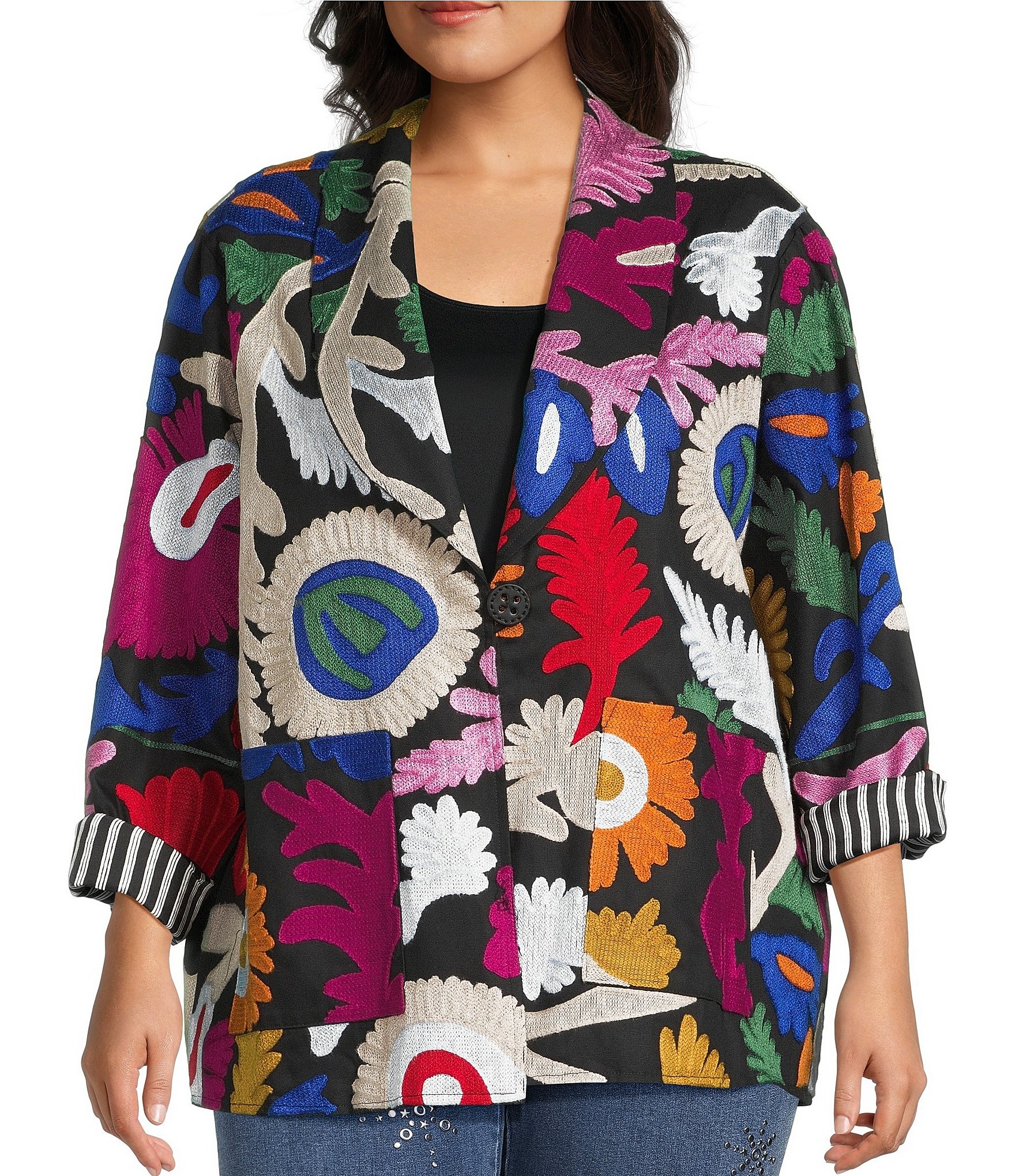 John Mark Plus Size Woven Embroidered Abstract Oversized Blazer