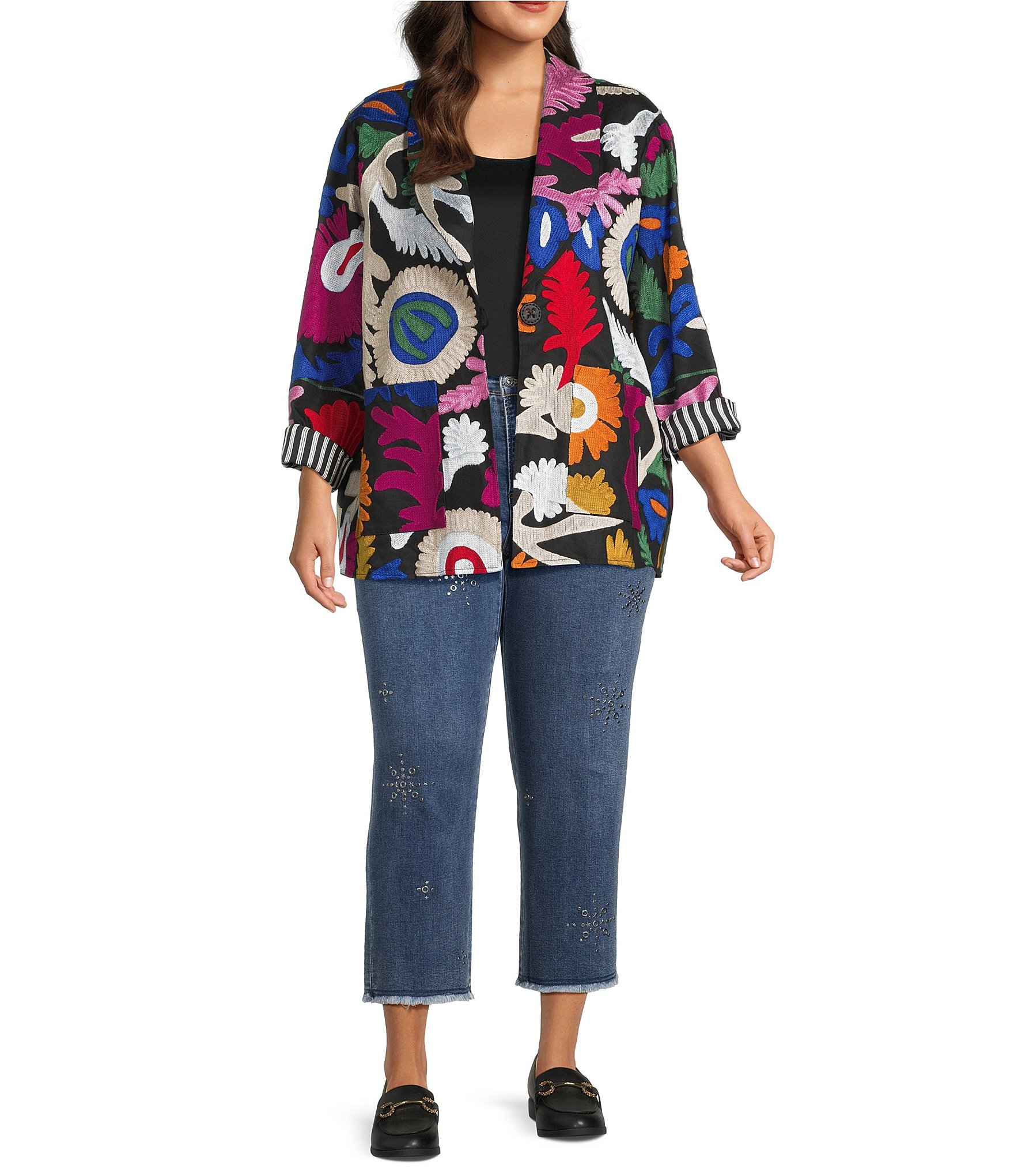 John Mark Plus Size Woven Embroidered Abstract Oversized Blazer
