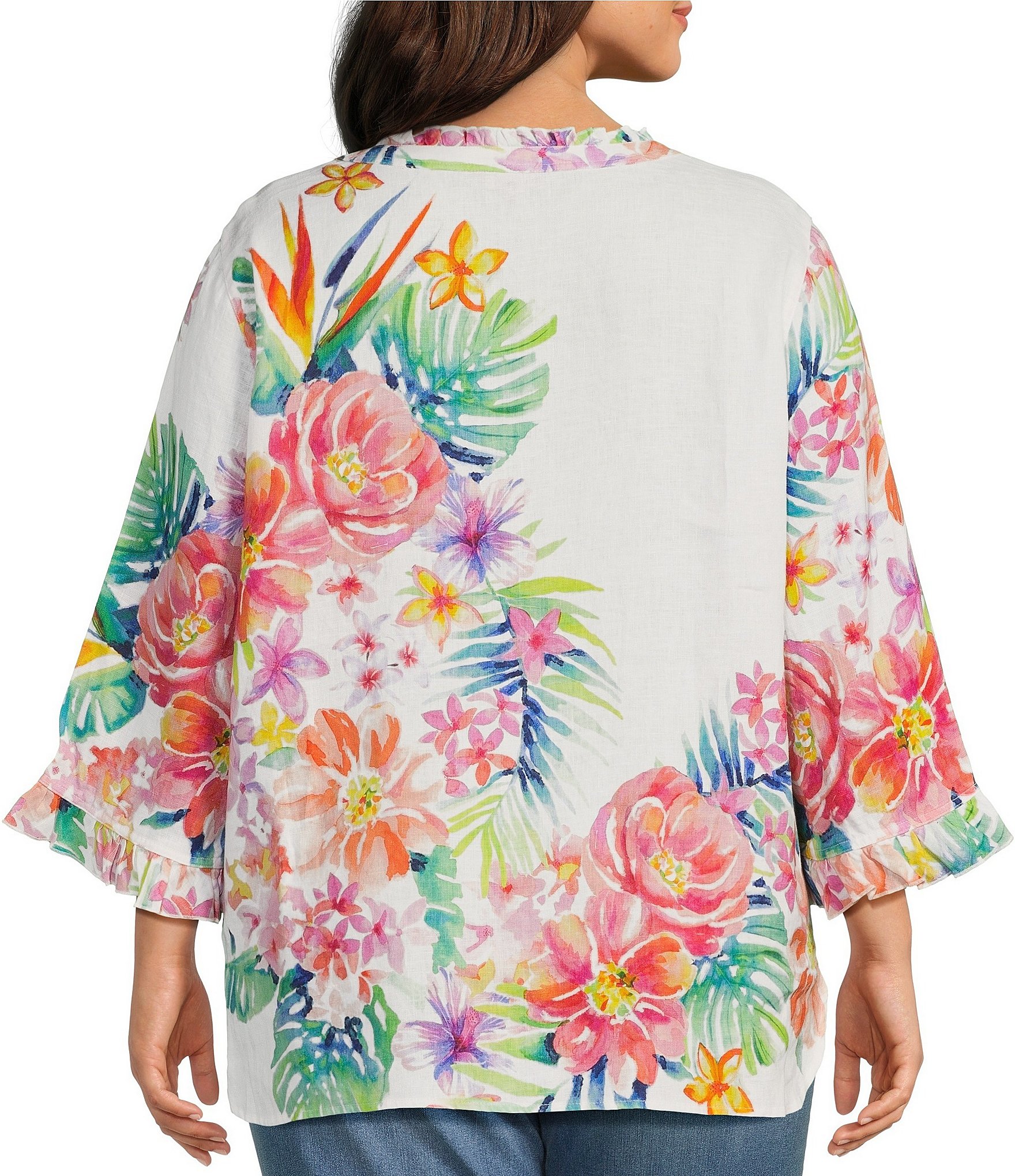 John Mark Plus Size Woven Linen Floral Ruffle Y-Neck 3/4 Sleeve Blouse