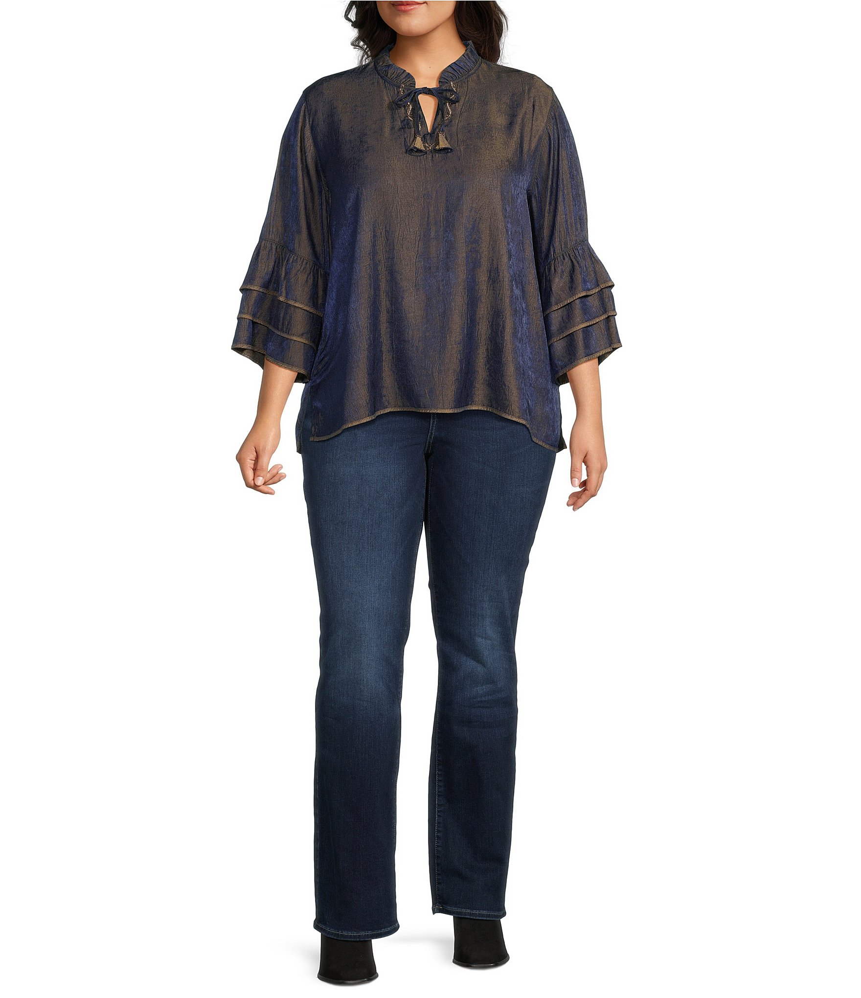 John Mark Plus Size Woven Metallic Embroidered Ruffled Split V-Neck 3/4 Sleeve Hi-Low Hem Peasant Tunic