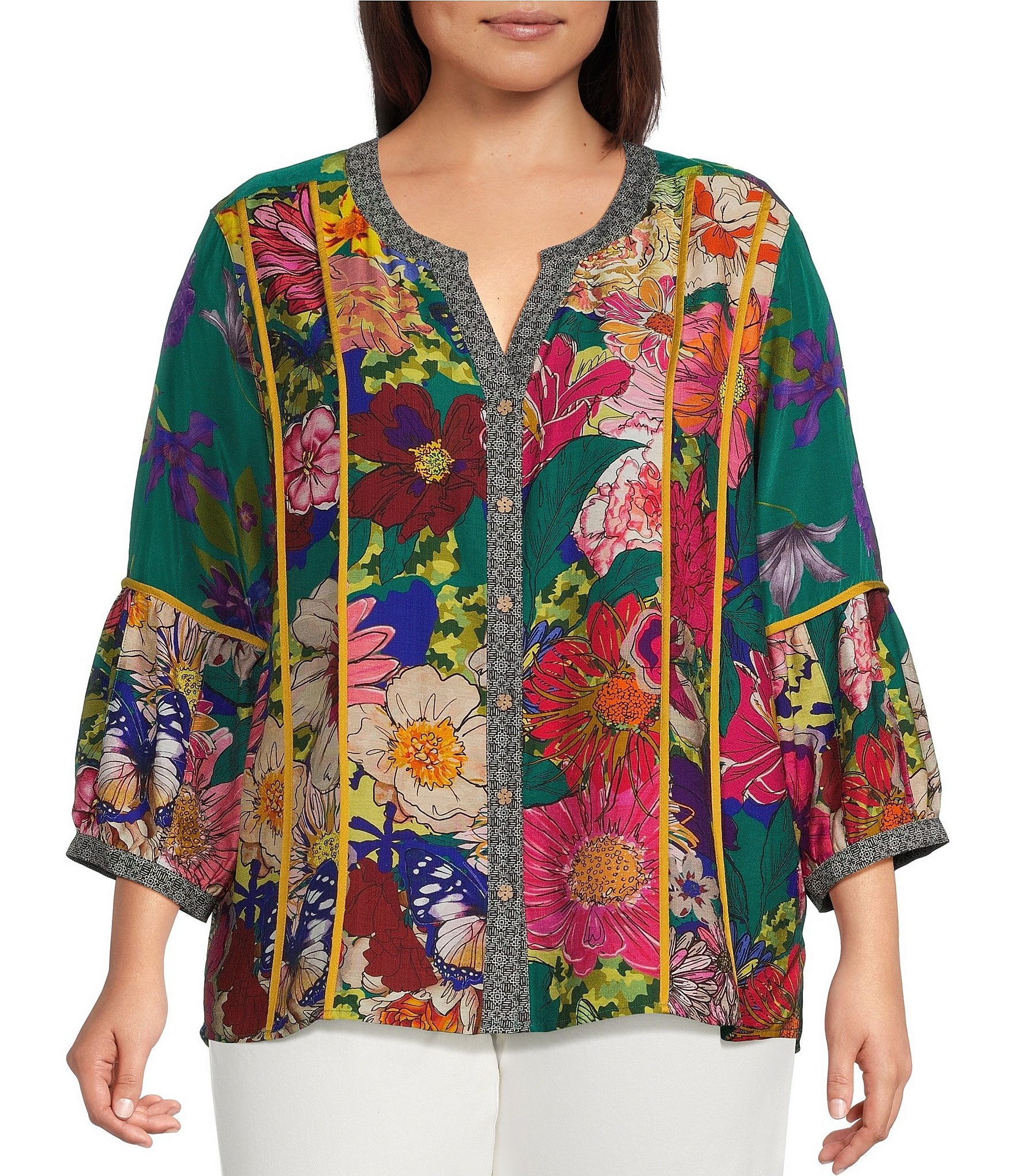 John Mark Plus Size Woven Mixed All Over Print Banded Y-Neck 3/4 Lantern Sleeve Button Front Shirt