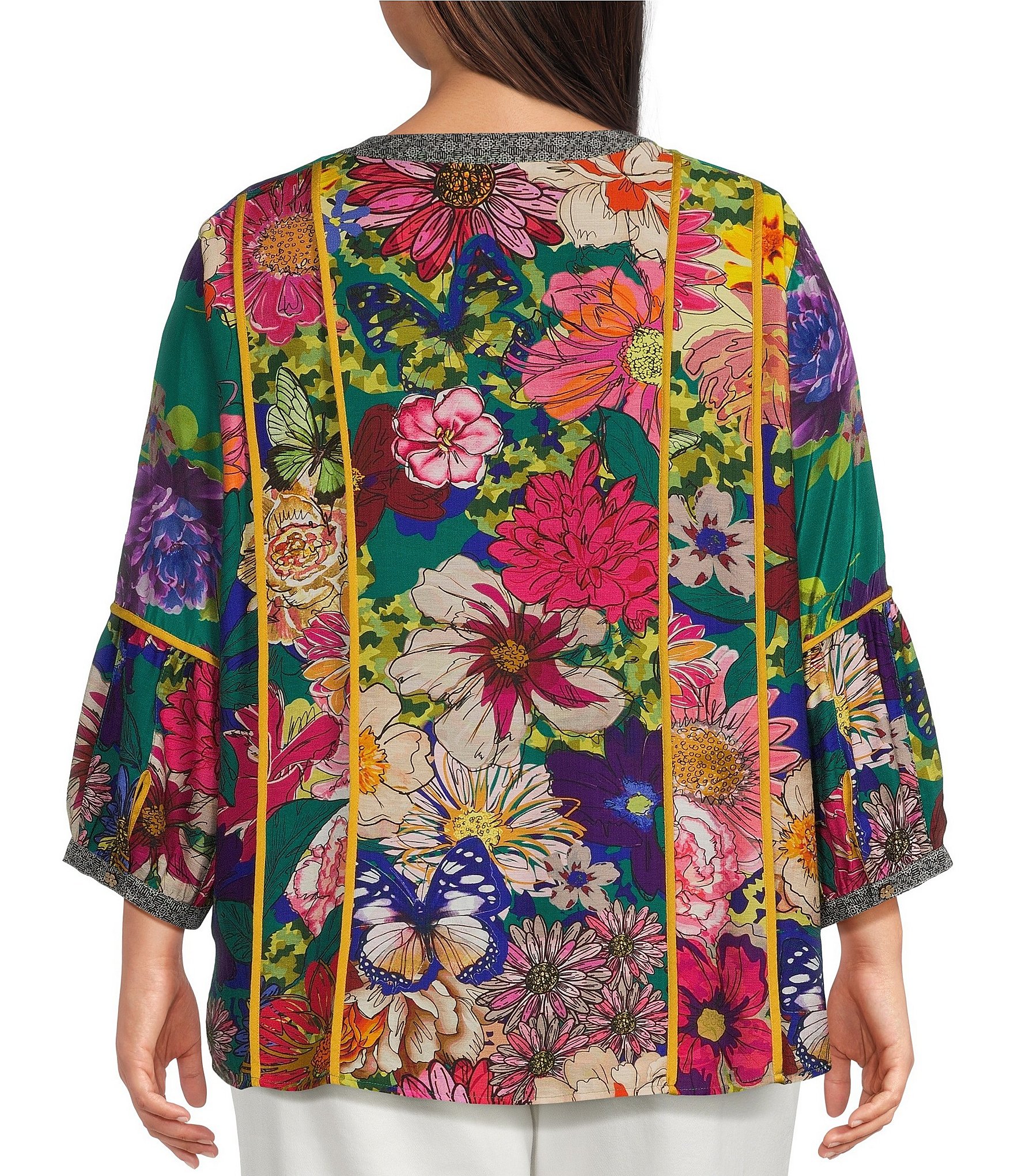 John Mark Plus Size Woven Mixed All Over Print Banded Y-Neck 3/4 Lantern Sleeve Button Front Shirt