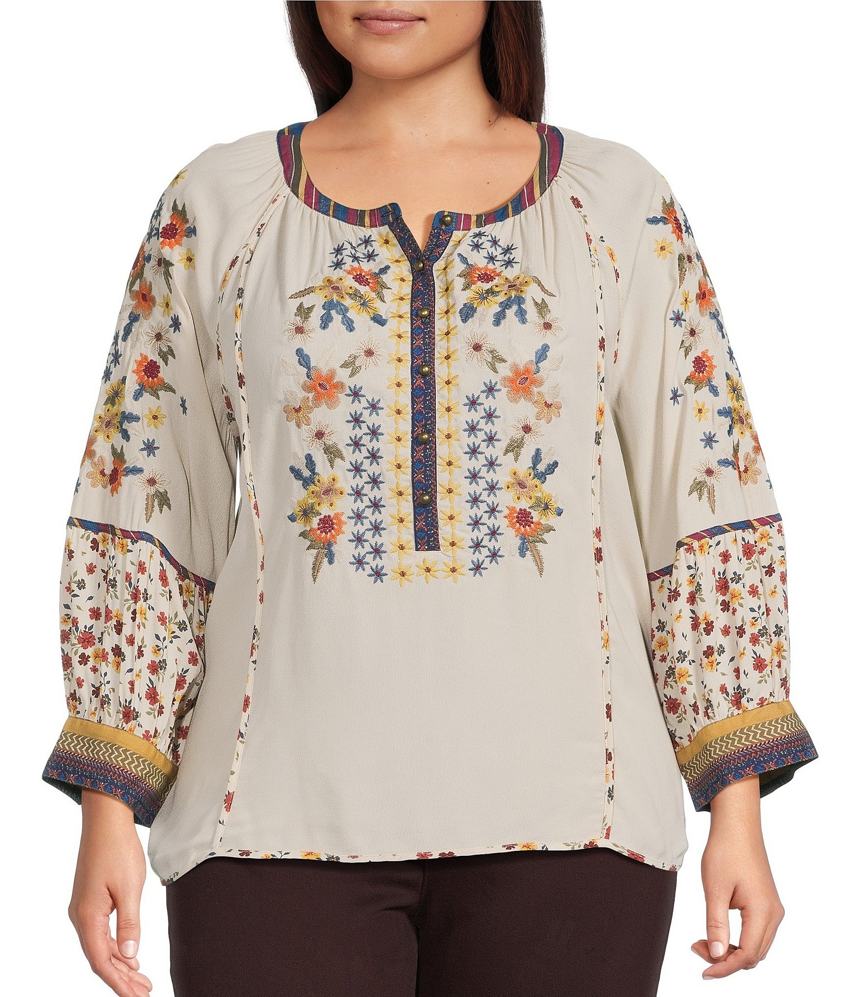 John Mark Plus Size Woven Mixed Print Embroidered Round Neck 3/4 Raglan Sleeve Tunic