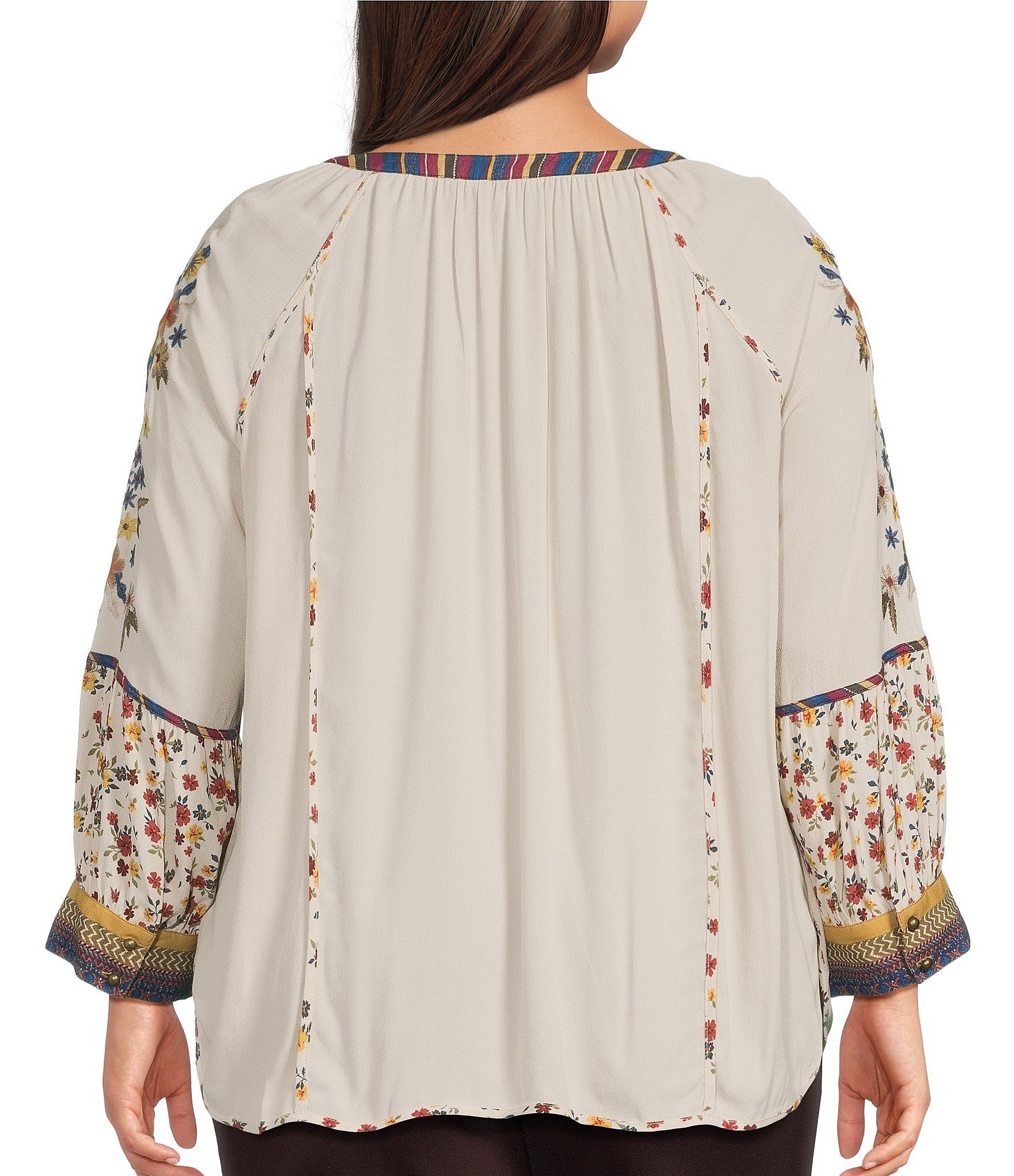 John Mark Plus Size Woven Mixed Print Embroidered Round Neck 3/4 Raglan Sleeve Tunic