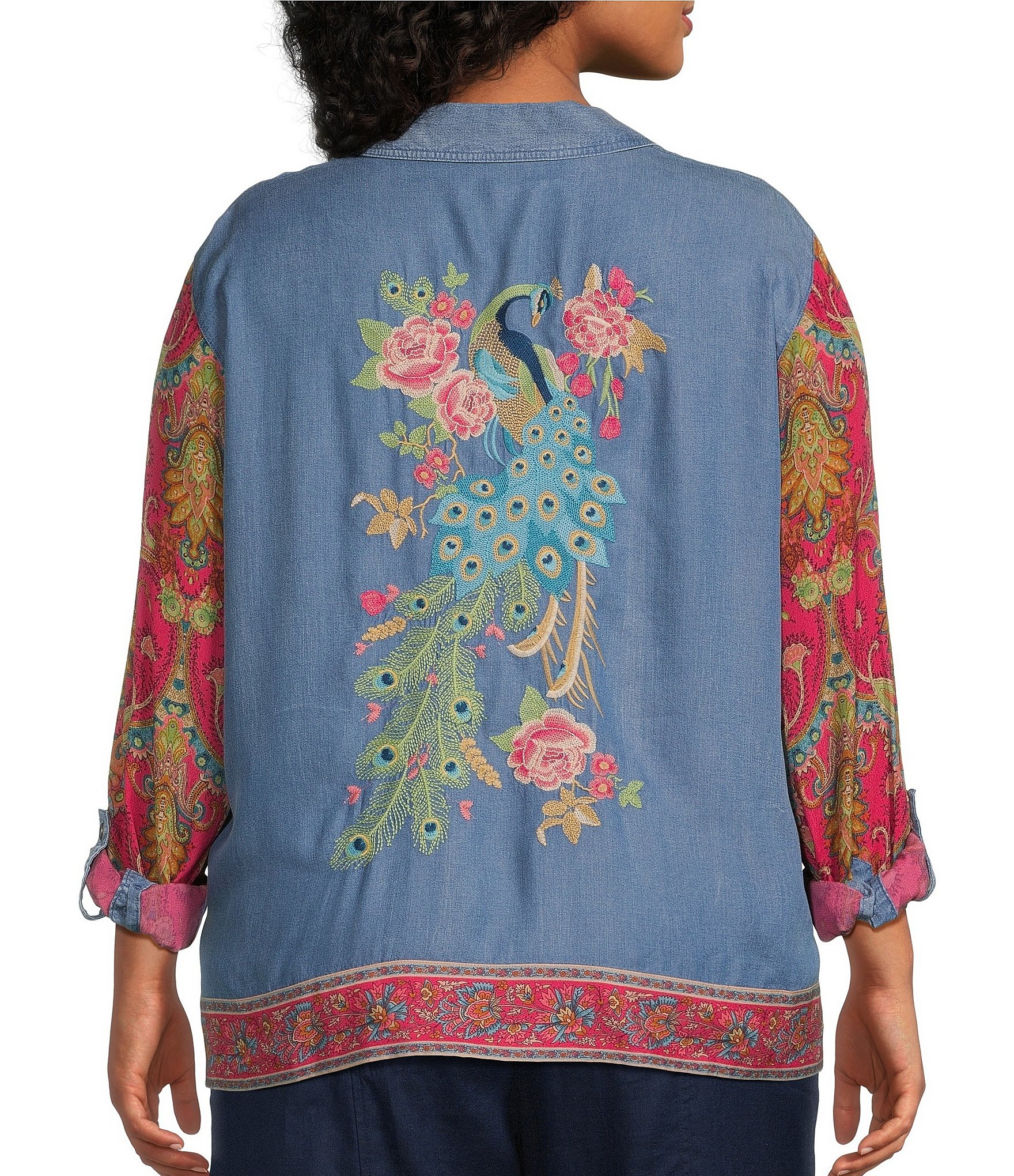 John Mark Plus Size Woven Mixed Print Point Collar Long Roll-Tab Cinched Sleeve Button Front Blouse