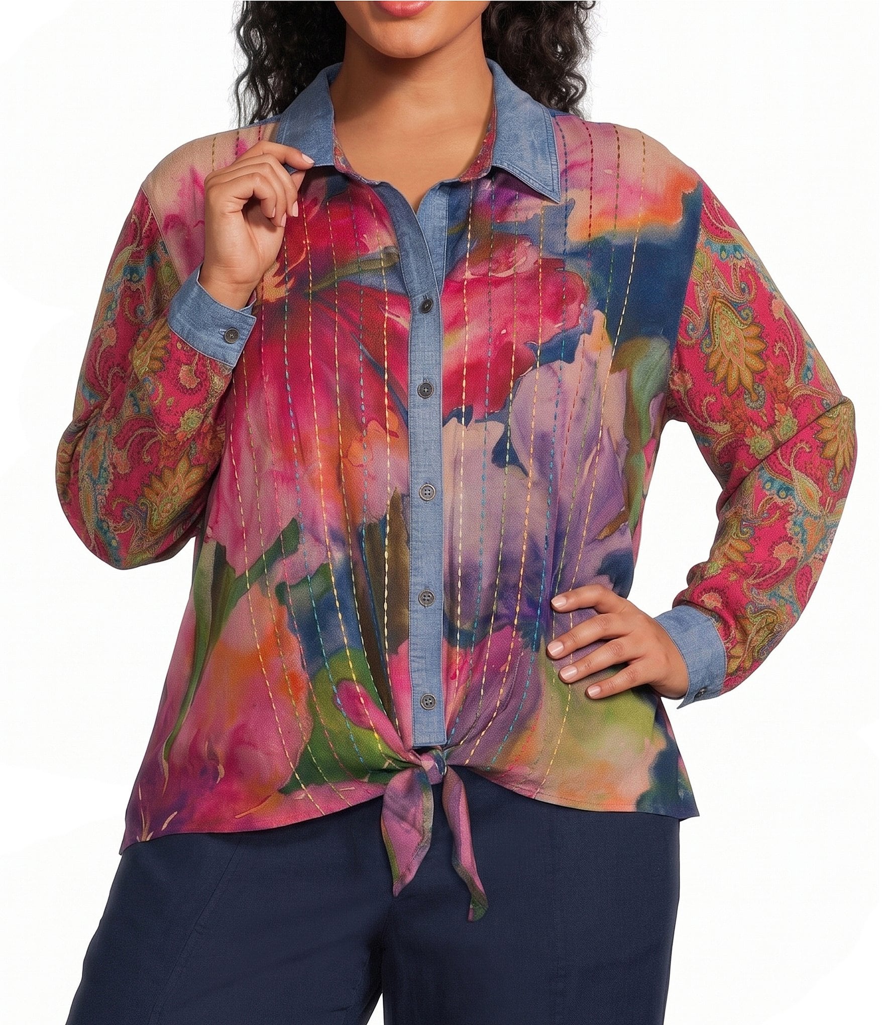 John Mark Plus Size Woven Mixed Print Point Collar Long Roll-Tab Cinched Sleeve Button Front Blouse