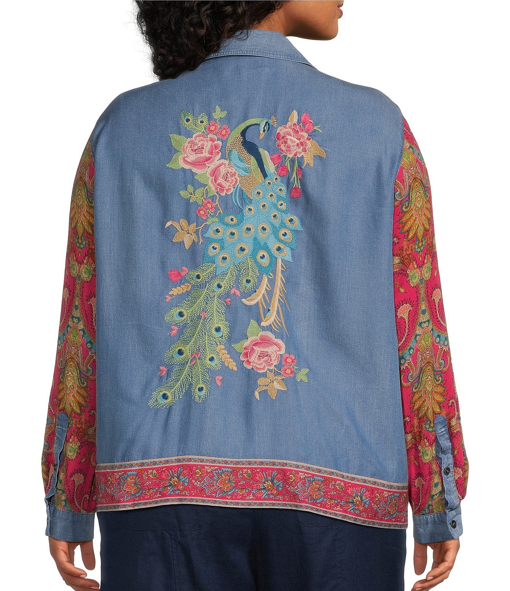 John Mark Plus Size Woven Mixed Print Point Collar Long Roll-Tab Cinched Sleeve Button Front Blouse