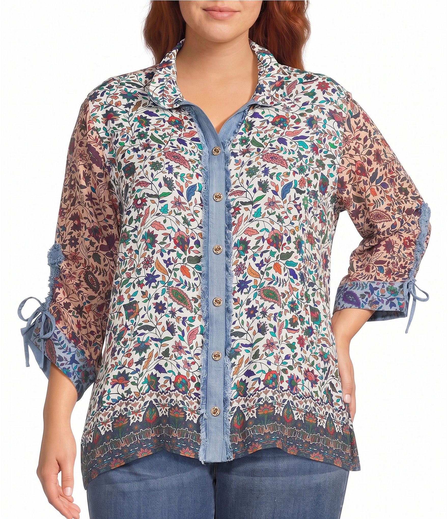 John Mark Plus Size Woven Multi Floral Wire Collar Long Cinched Sleeve Button-Front Shirt