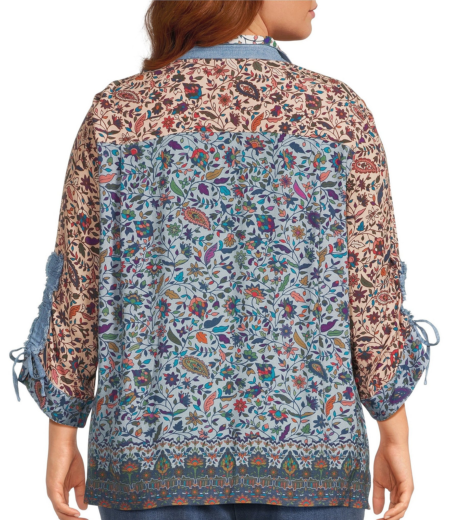 John Mark Plus Size Woven Multi Floral Wire Collar Long Cinched Sleeve Button-Front Shirt