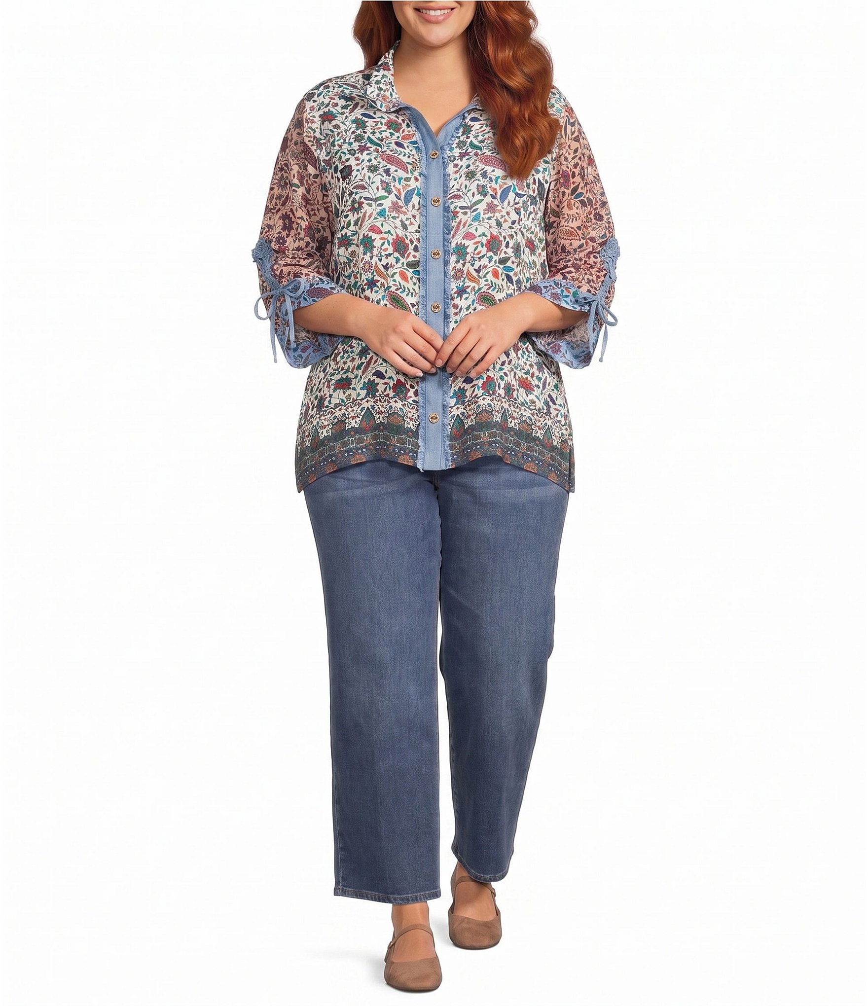 John Mark Plus Size Woven Multi Floral Wire Collar Long Cinched Sleeve Button-Front Shirt