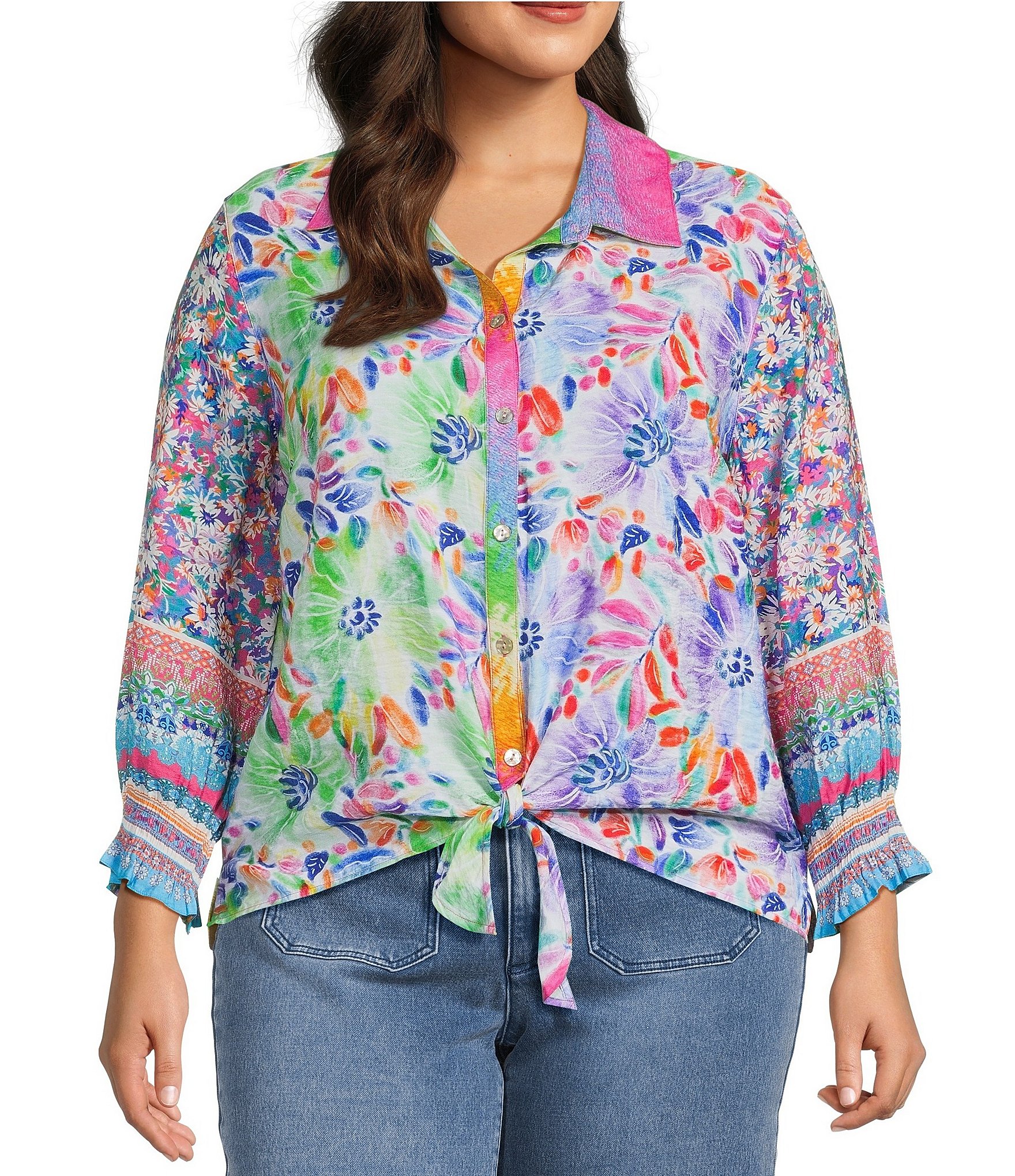 John Mark Plus Size Woven Multi Mixed Print Point Collar Long Ruffle Cuffed Sleeve Button Front Tie Blouse