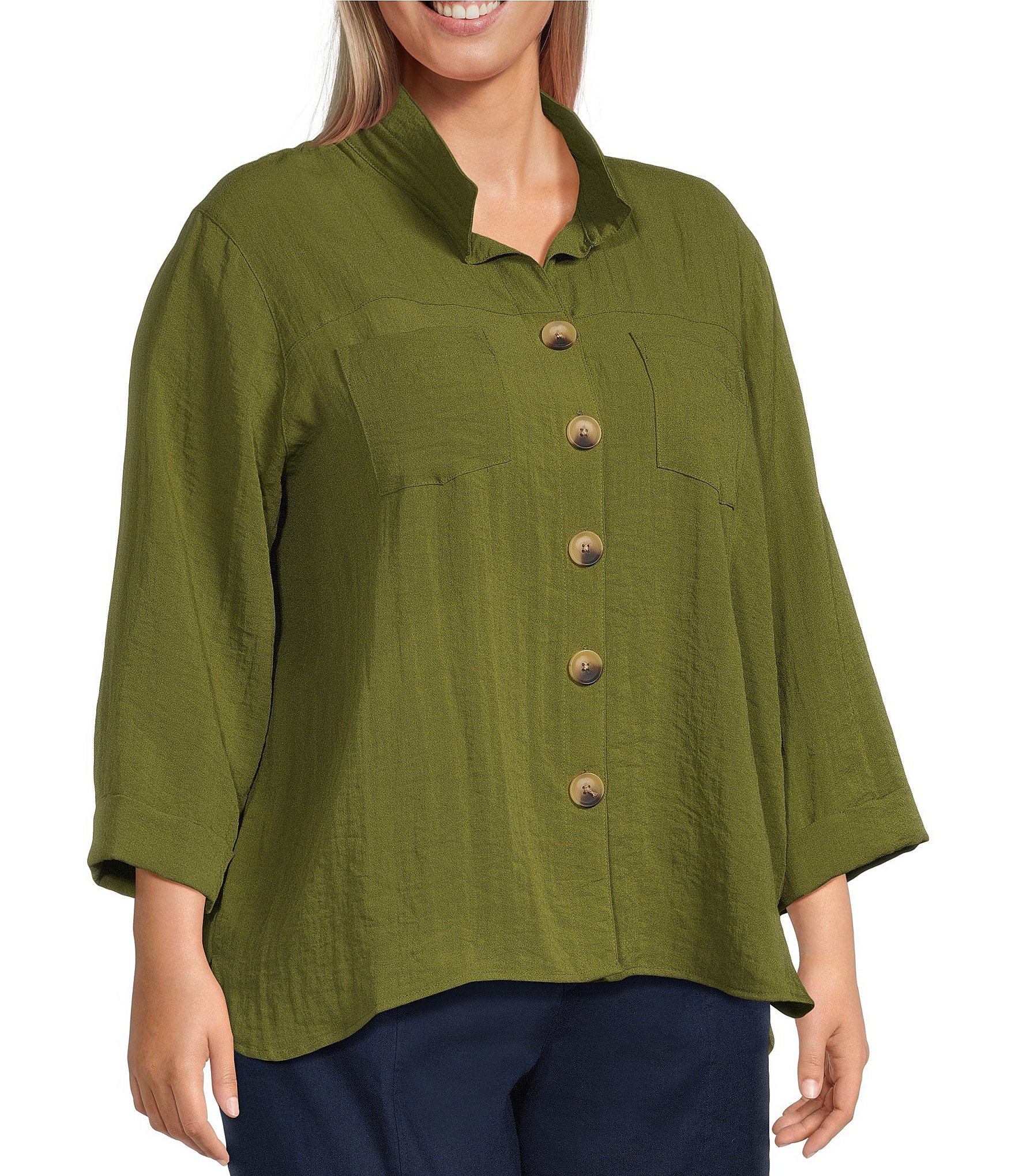 John Mark Plus Size Woven Wire Collar 3/4 Sleeve Hi-Low Hem Button-Front Shirt