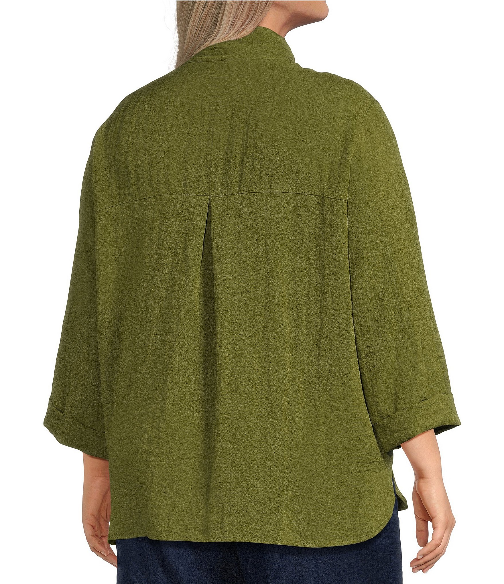 John Mark Plus Size Woven Wire Collar 3/4 Sleeve Hi-Low Hem Button-Front Shirt