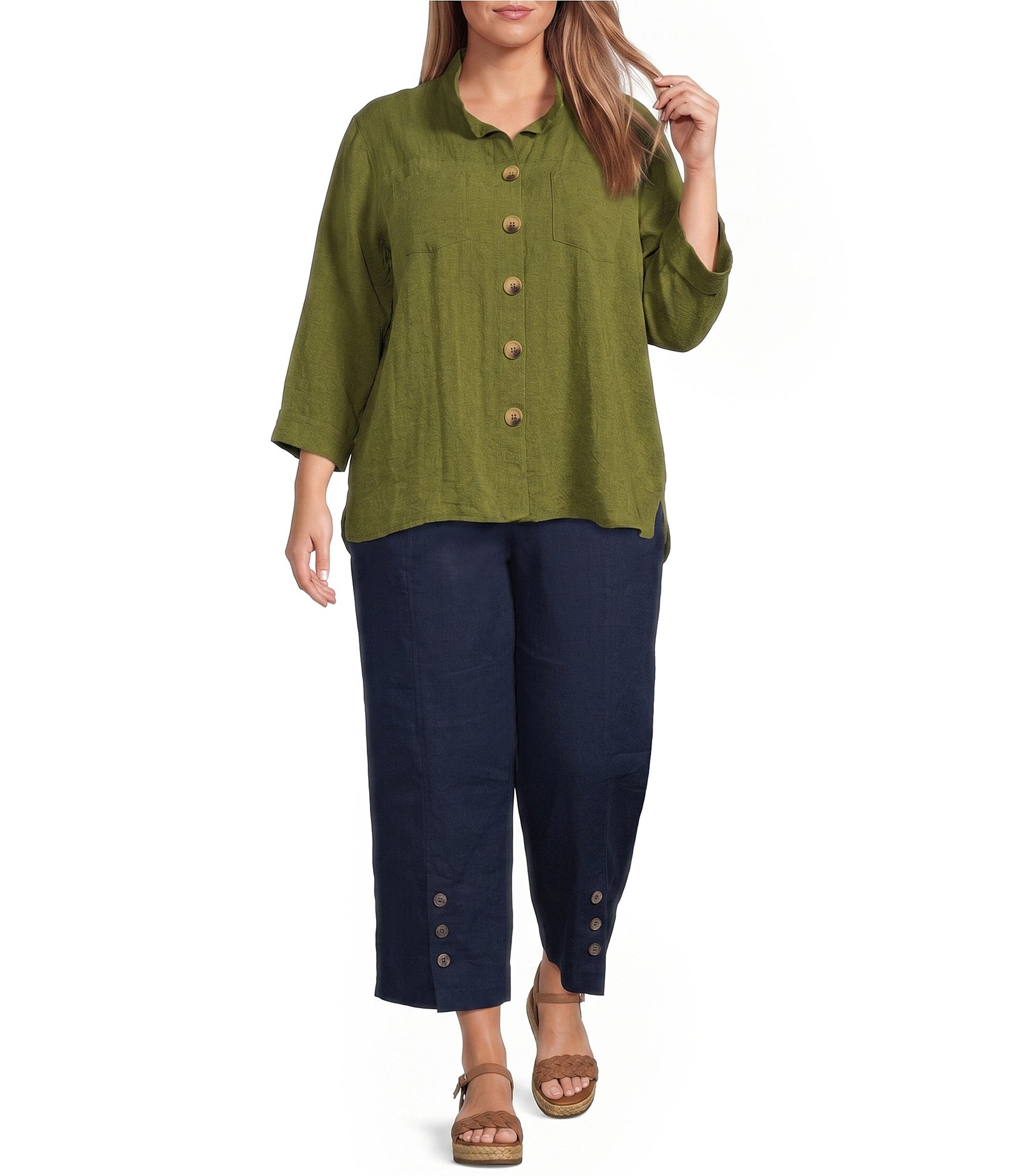 John Mark Plus Size Woven Wire Collar 3/4 Sleeve Hi-Low Hem Button-Front Shirt