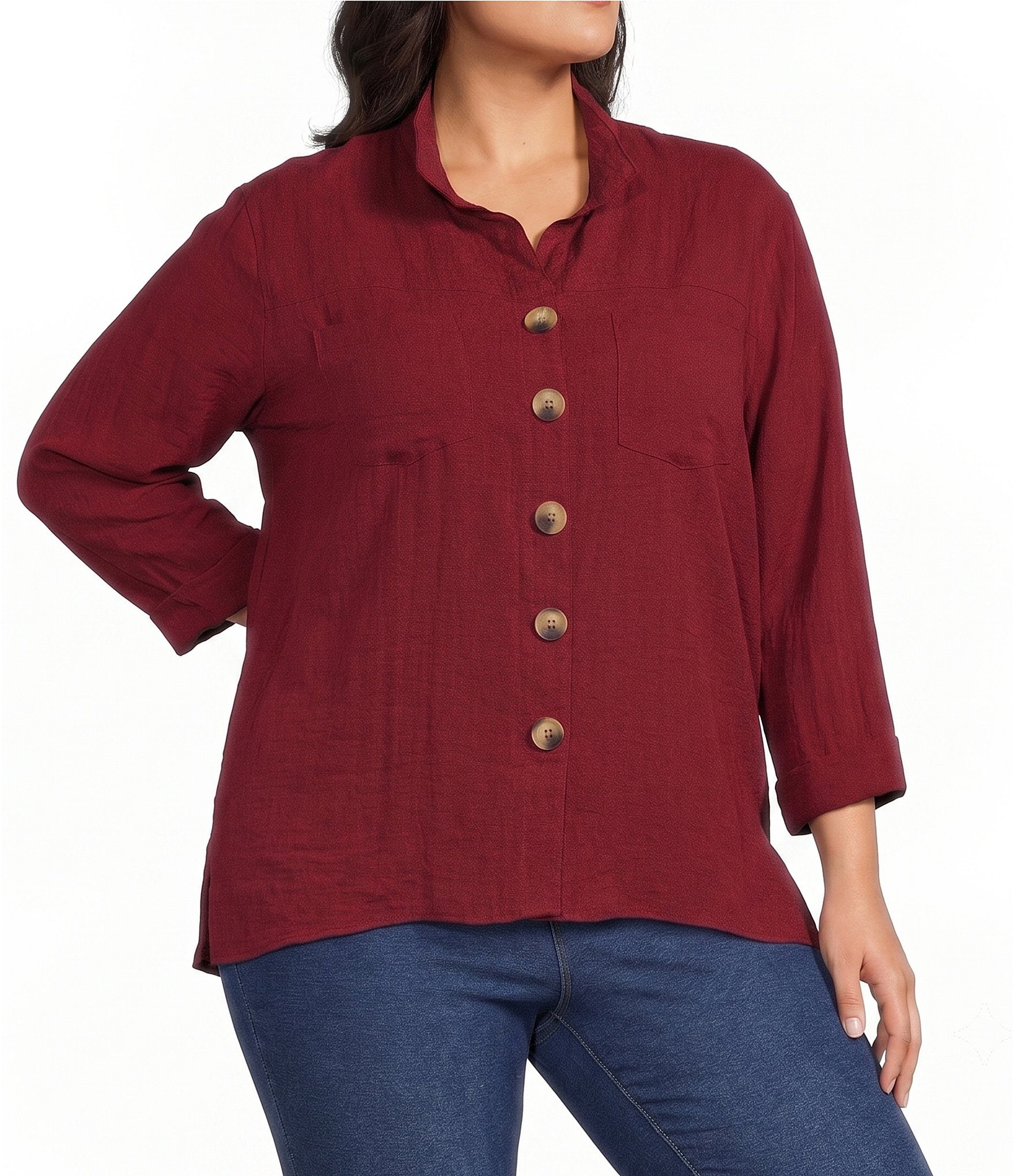 John Mark Plus Size Woven Wire Collar 3/4 Sleeve Hi-Low Hem Button-Front Shirt