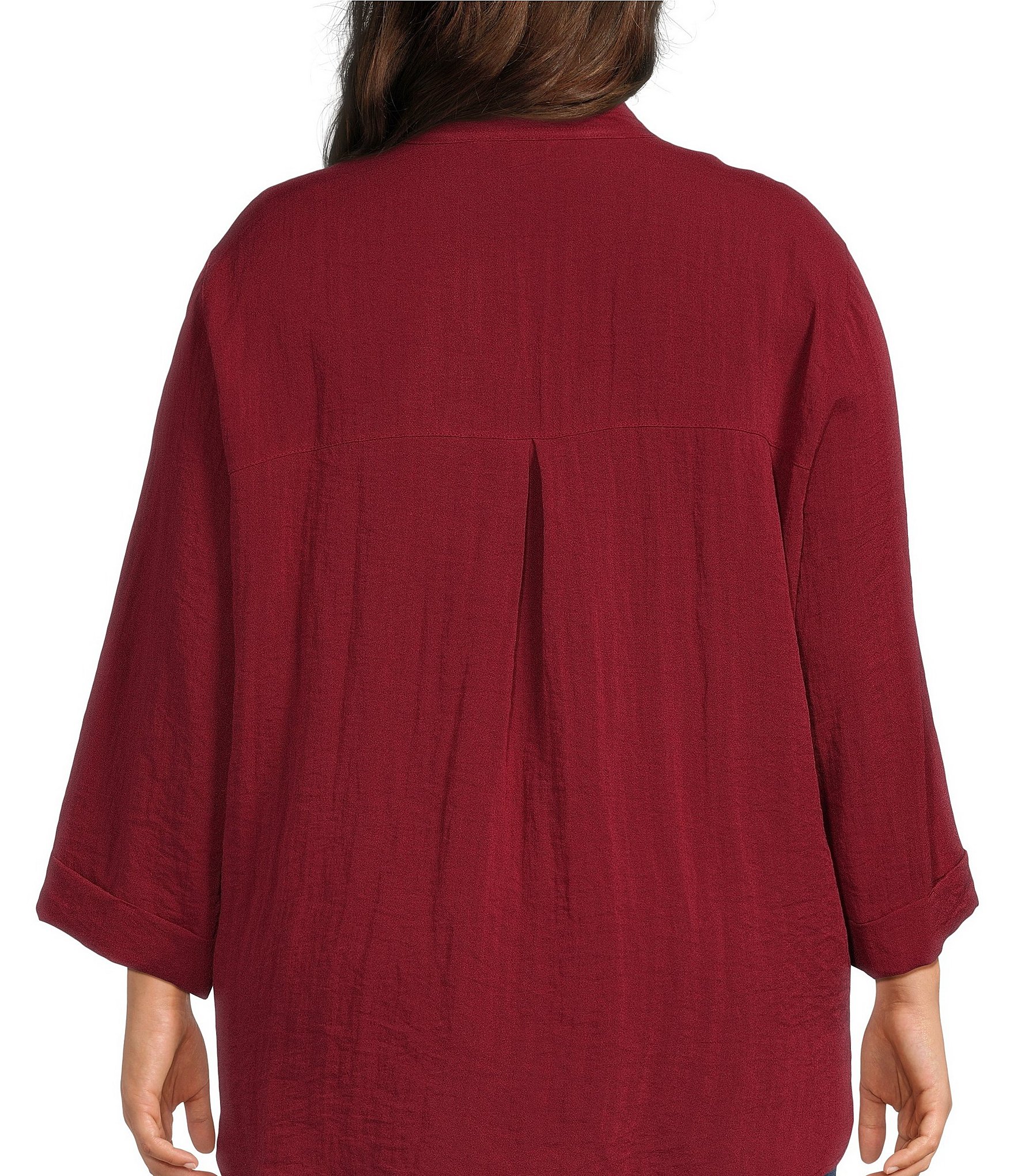 John Mark Plus Size Woven Wire Collar 3/4 Sleeve Hi-Low Hem Button-Front Shirt