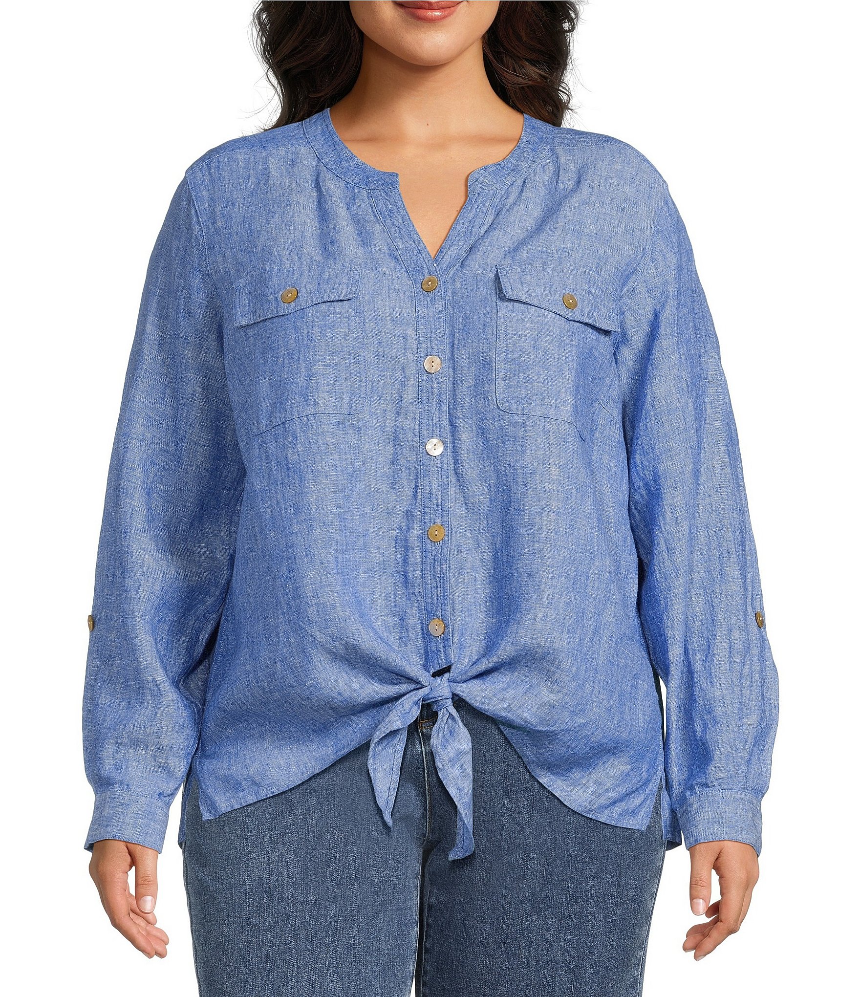 John Mark Plus Size Woven Y-Neck Long Roll-Tab Sleeve Tie-Front Button Front Top