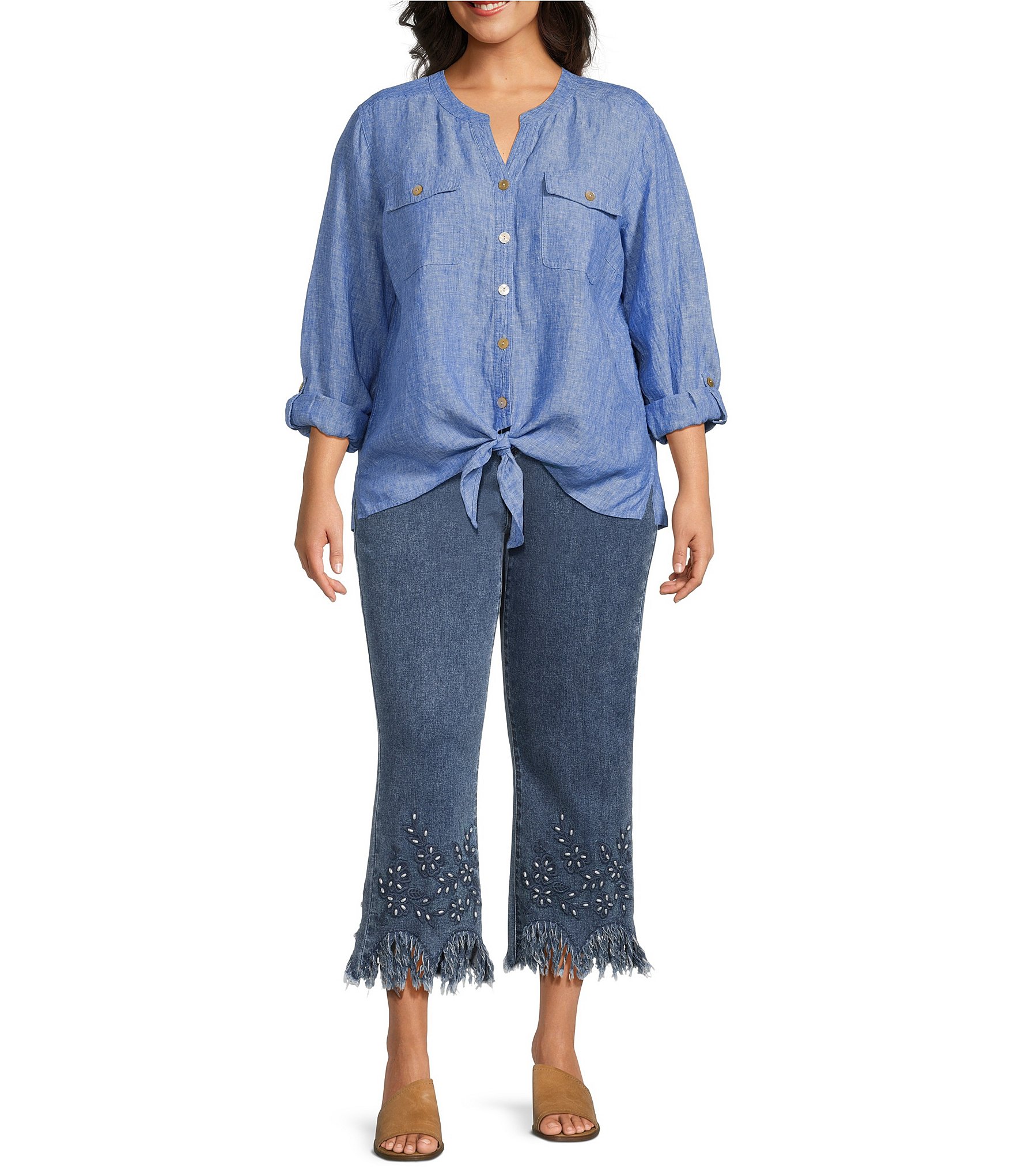 John Mark Plus Size Woven Y-Neck Long Roll-Tab Sleeve Tie-Front Button Front Top