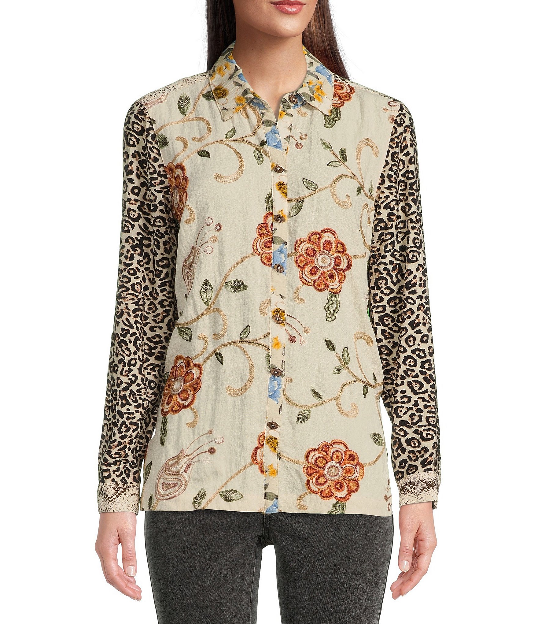 John Mark Point Collar Long Sleeve All Over Embroidered Front Button ...