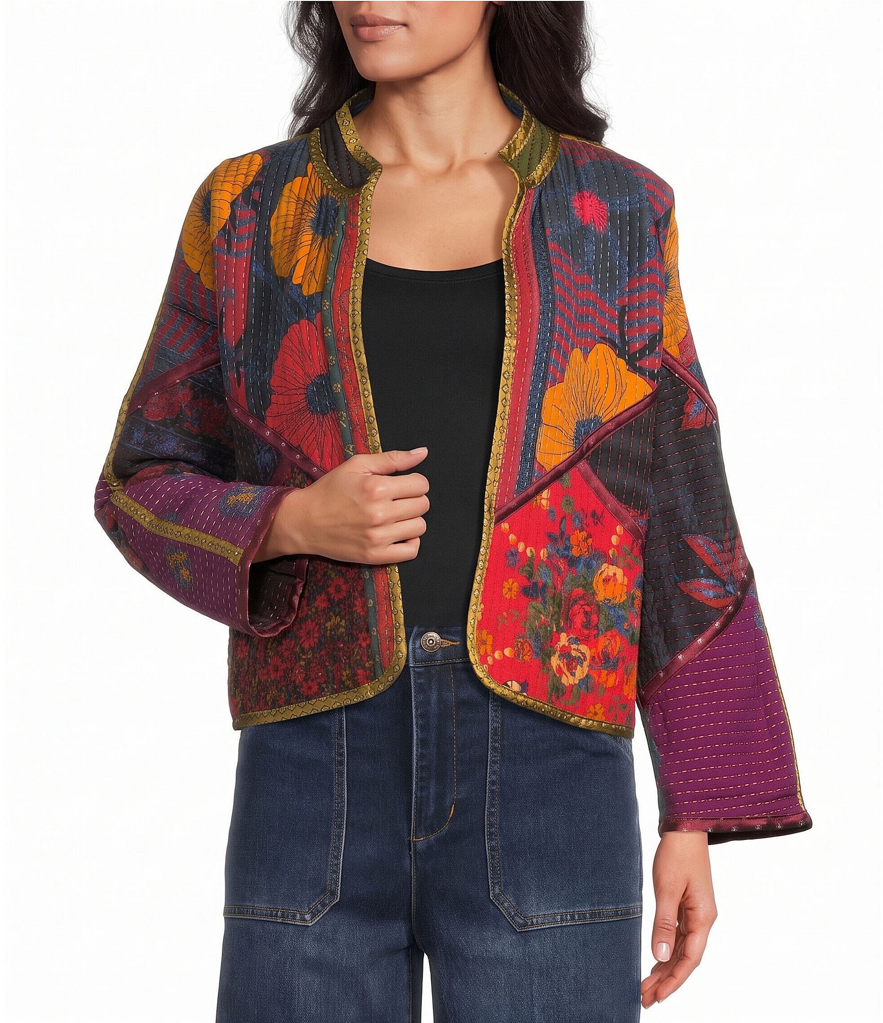 John Mark Quilted Vintage Mixed Print Stand Collar Long Sleeve Open Front Reversable Jacket