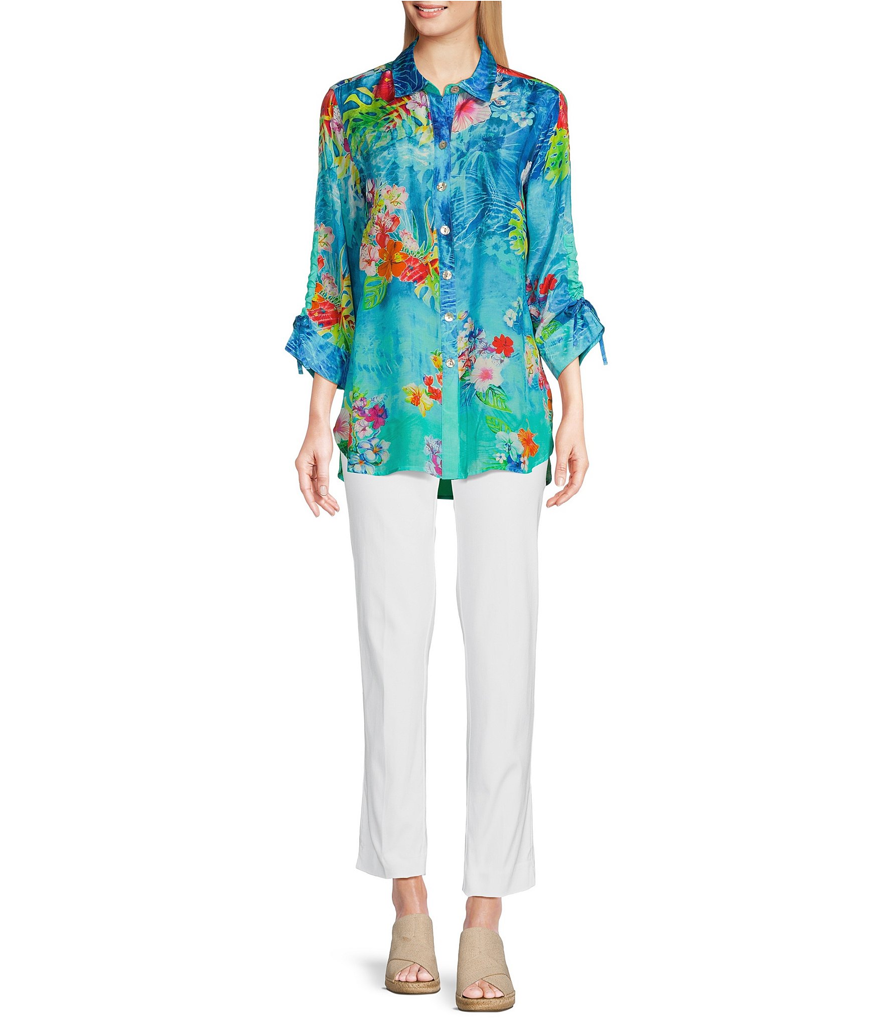 John Mark Tropical Floral Print Point Collar Elbow Cinched Tie Sleeve Button Front Tunic
