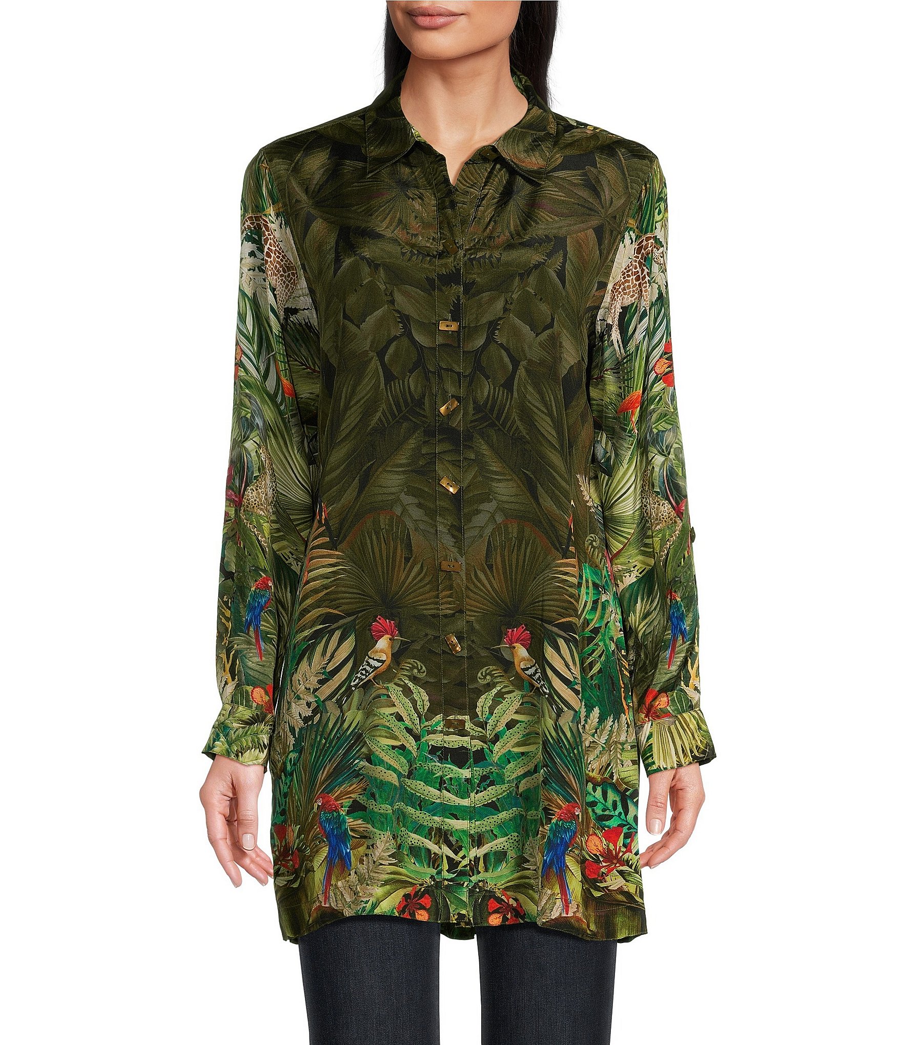John Mark Women's Mix Button Front With Embroidered Details And Roll
