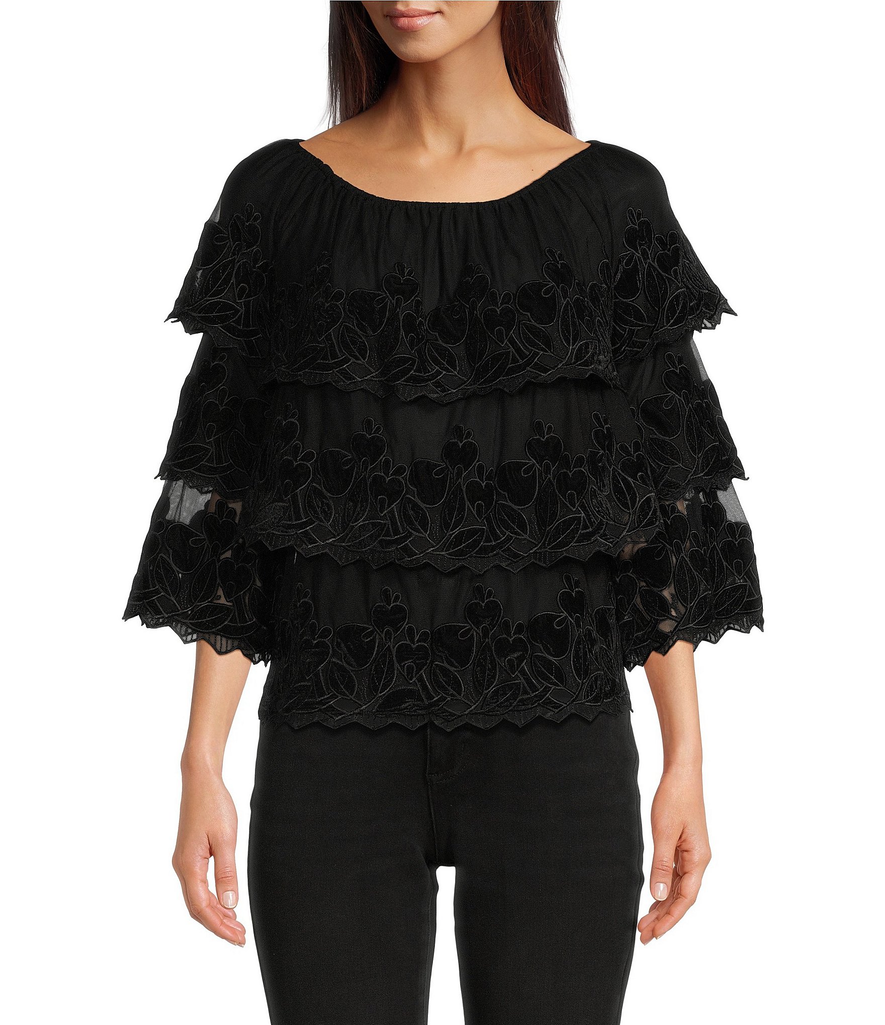 John Mark Tulle Embroidered Floral Scoop Neck 3/4 Tiered Sleeve ...