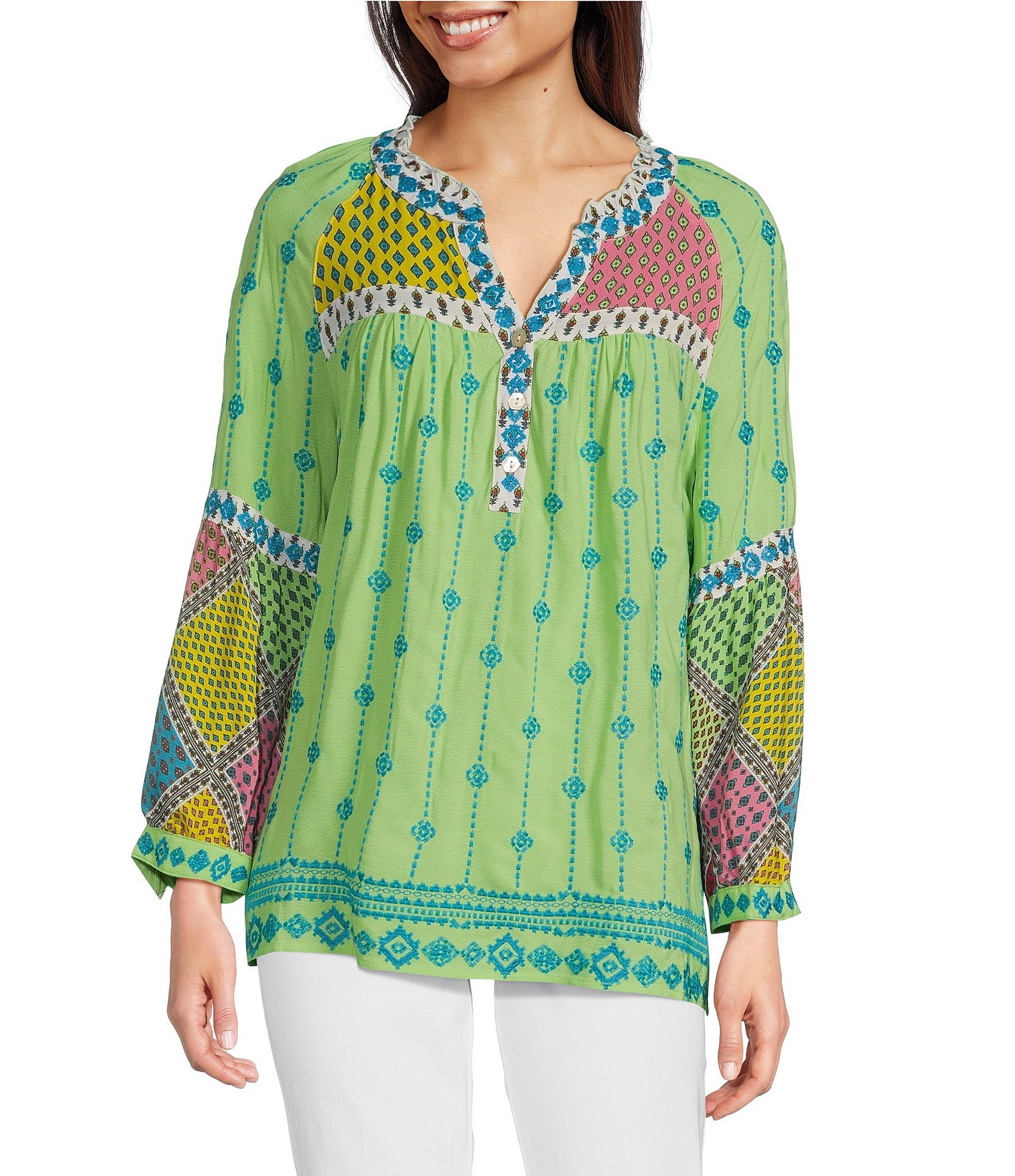 John Mark V-neck Long Sleeve Woven Multi Patchwork Tunic