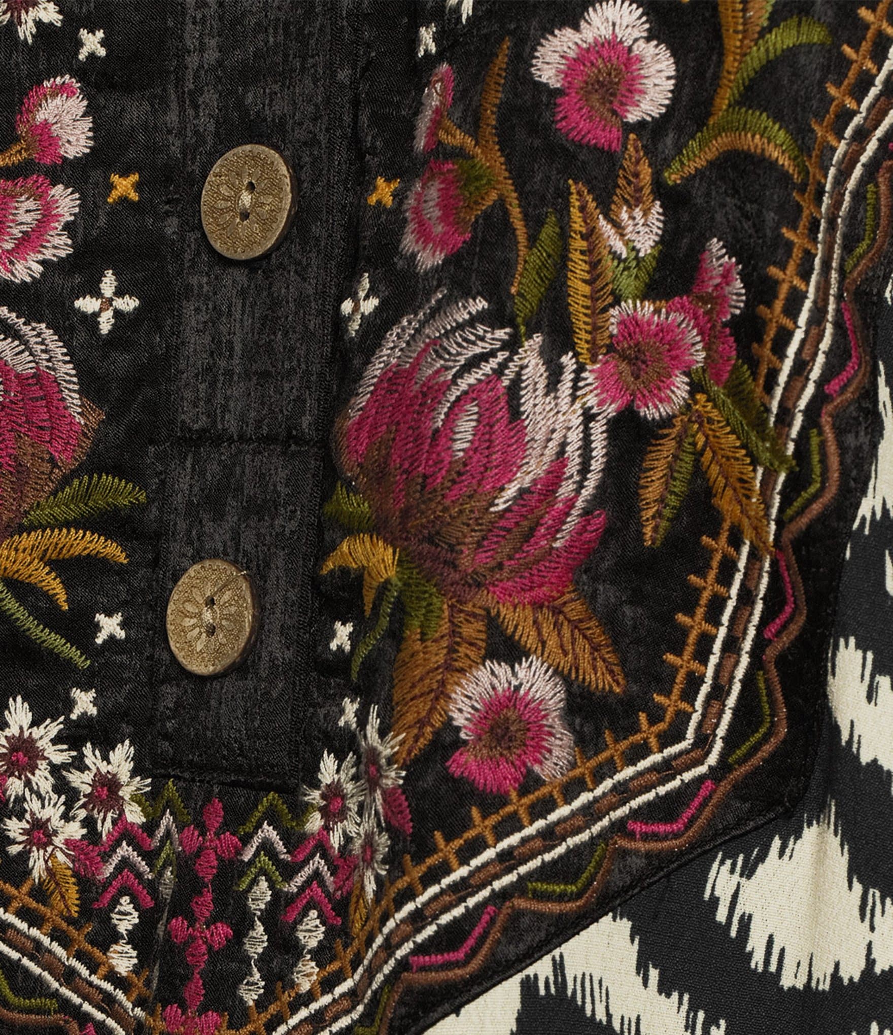 John Mark Velvet-Detailed Floral-Embroidered Y-Neck Long Sleeve Top