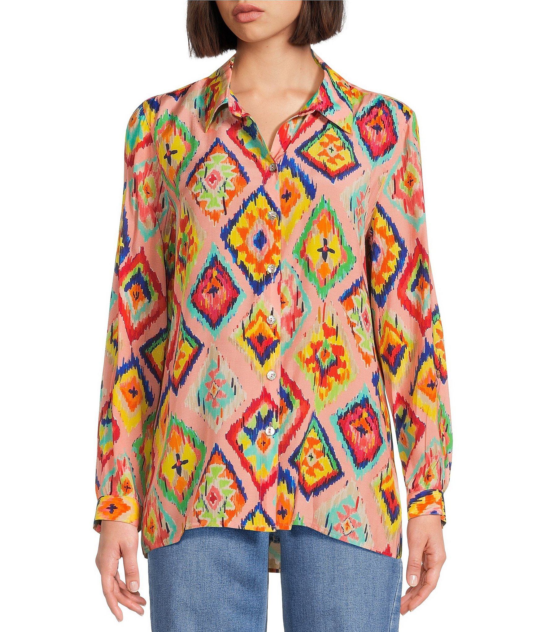 John Mark Woven Abstract Diamond Print Point Collar 1/4 Roll-Tab Sleeve Button Front Tunic