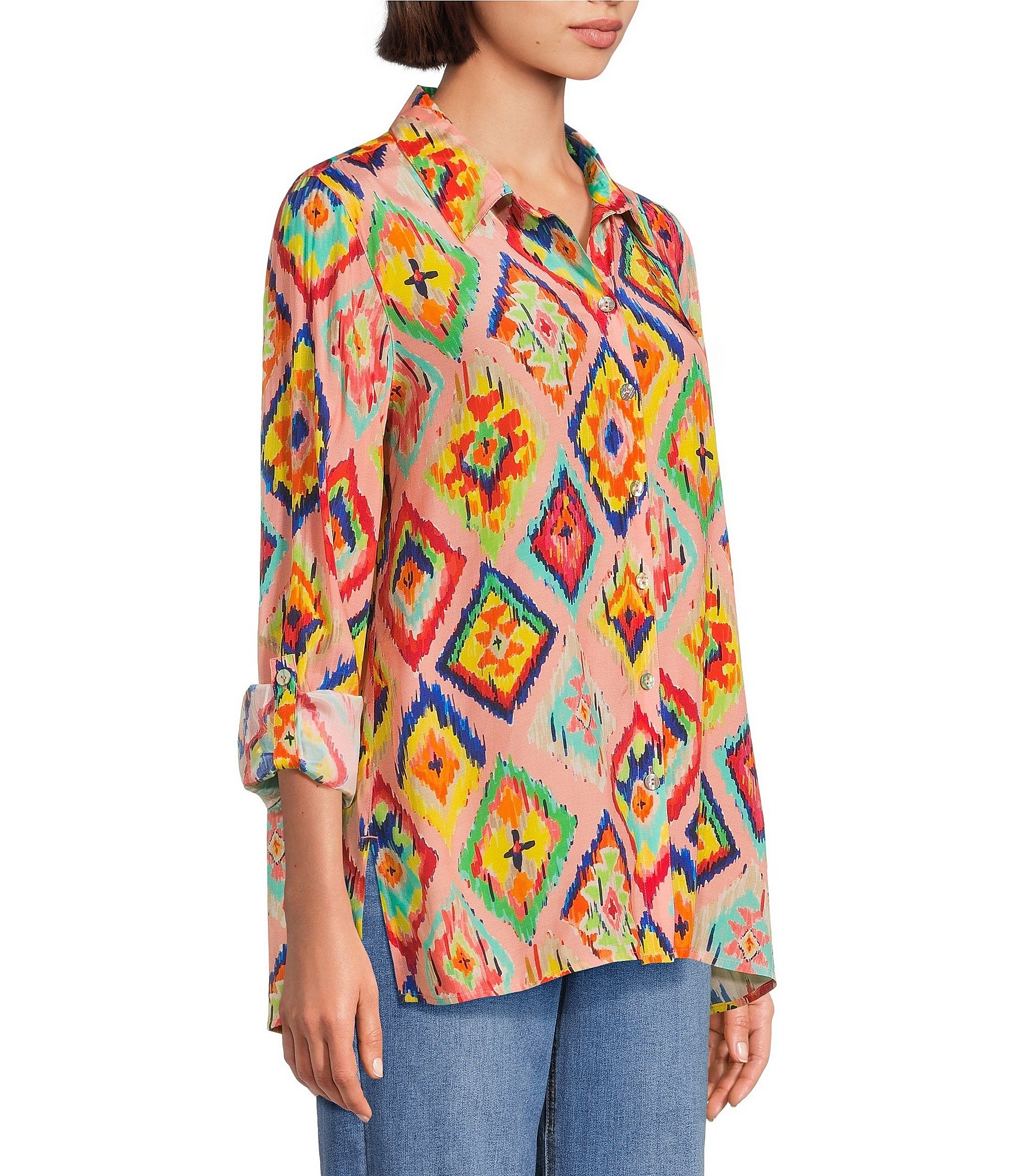 John Mark Woven Abstract Diamond Print Point Collar 1/4 Roll-Tab Sleeve Button Front Tunic
