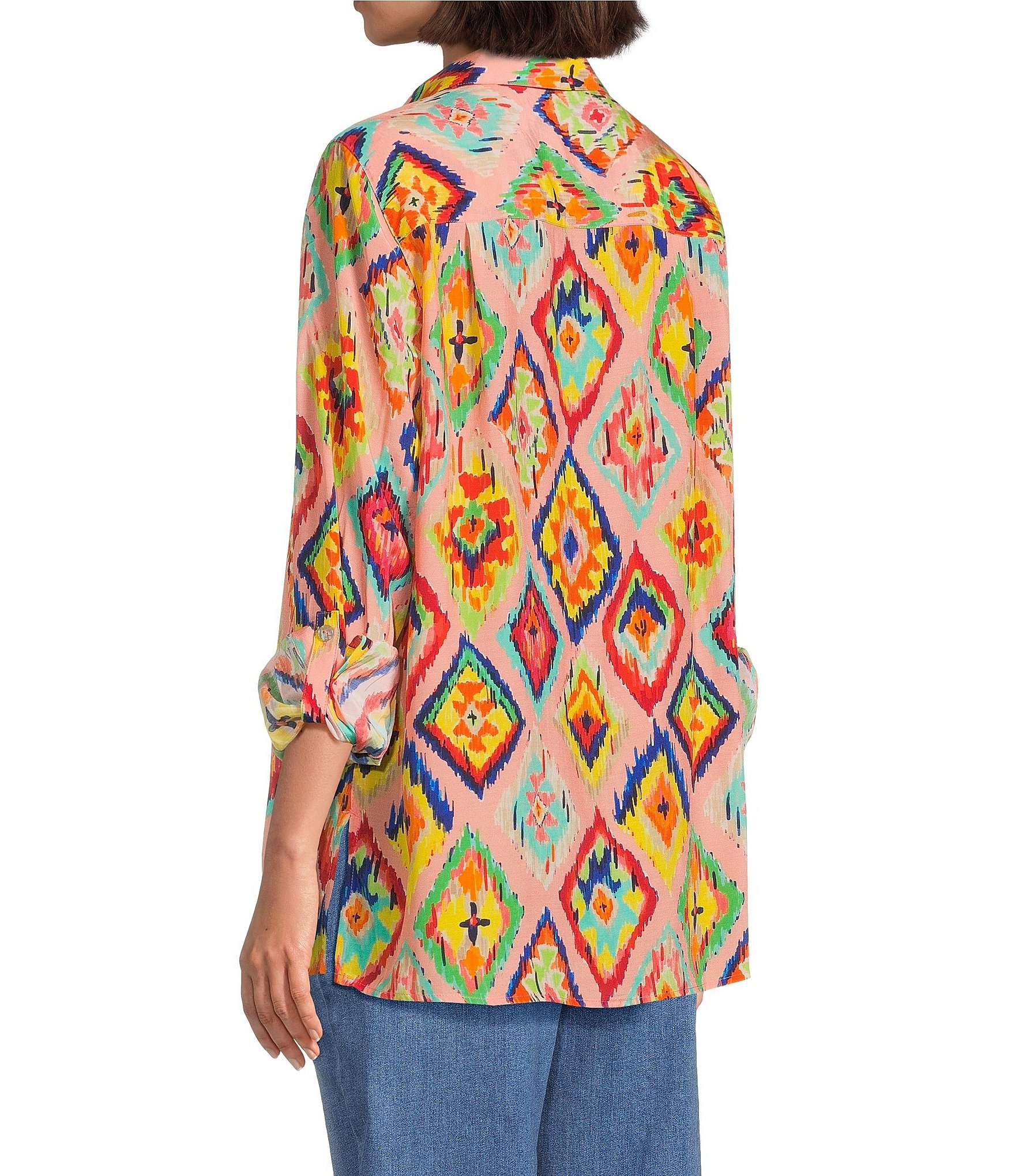 John Mark Woven Abstract Diamond Print Point Collar 1/4 Roll-Tab Sleeve Button Front Tunic