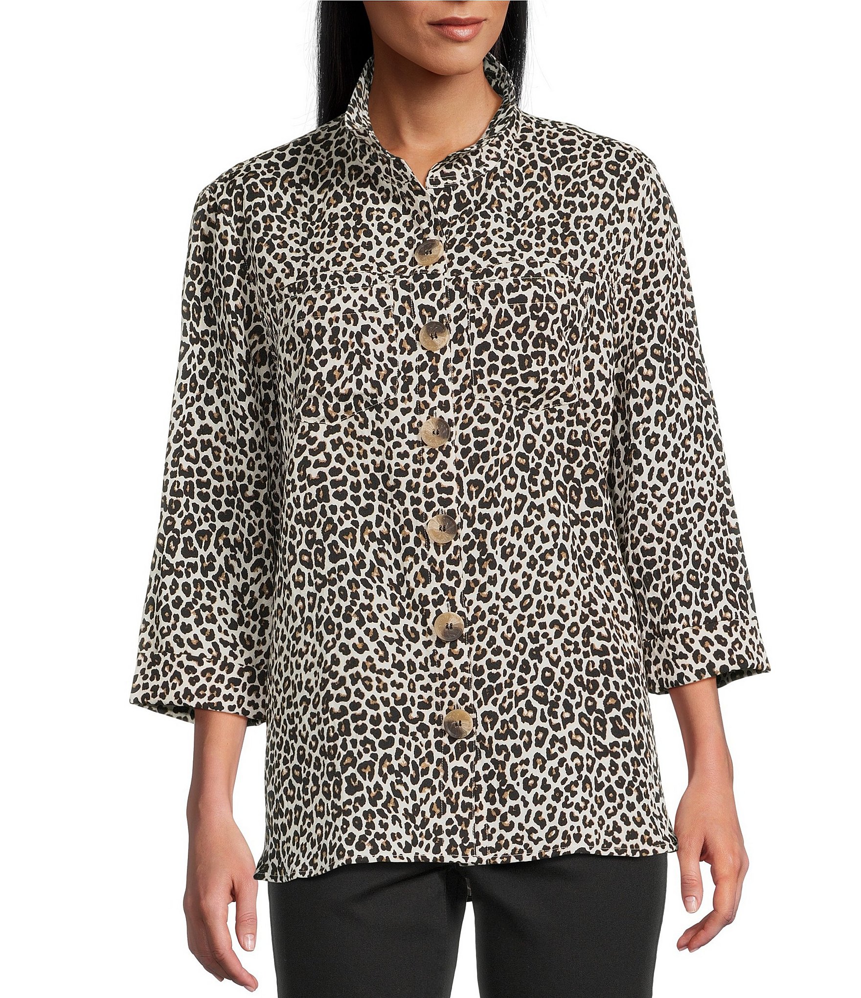 John Mark Woven Animal Print Wire Collar 3/4 Sleeve Button-Front Camp Shirt