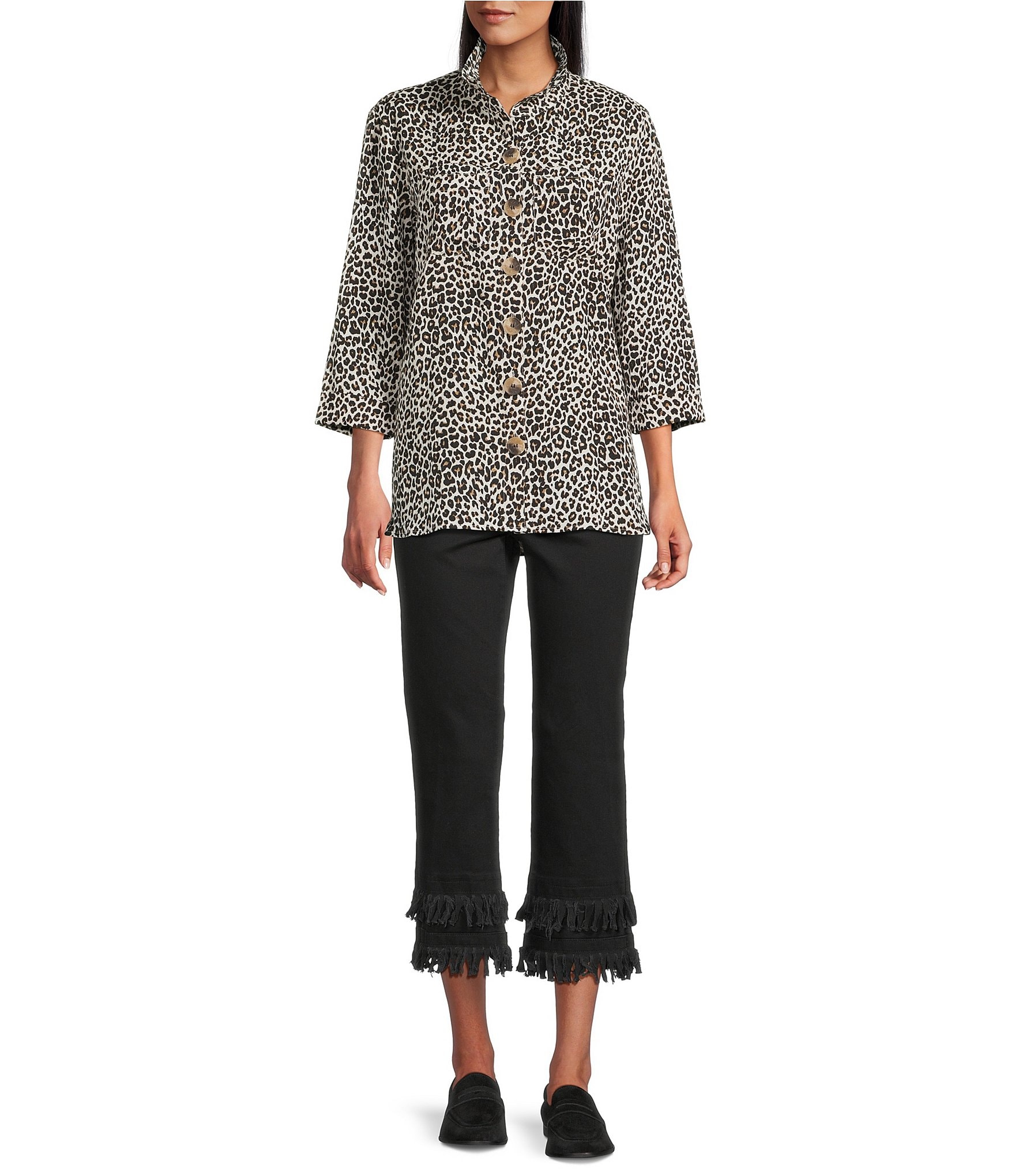 John Mark Woven Animal Print Wire Collar 3/4 Sleeve Button-Front Camp Shirt