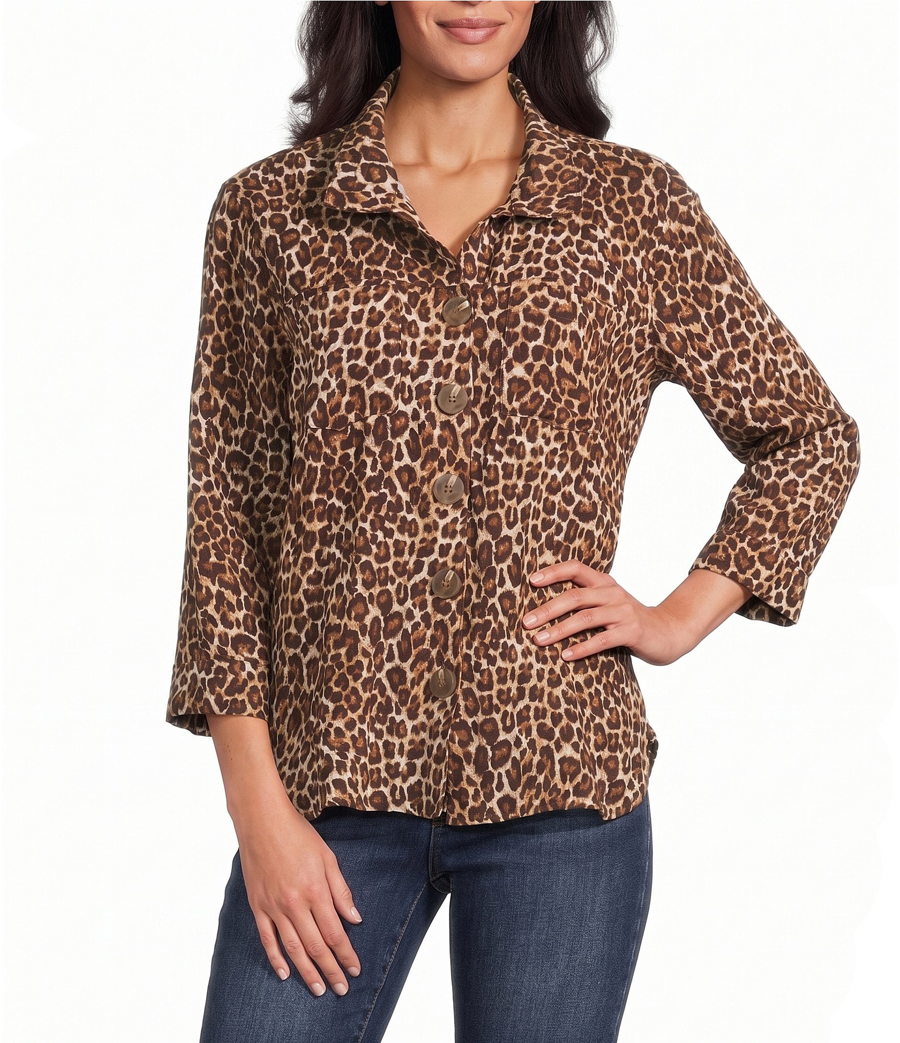 John Mark Woven Cheeta Print Wire Collar 3/4 Sleeve Button Front Blouse