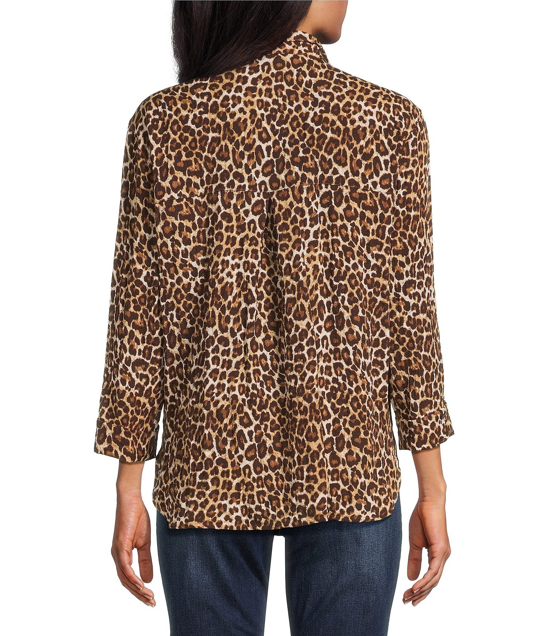 John Mark Woven Cheeta Print Wire Collar 3/4 Sleeve Button Front Blouse