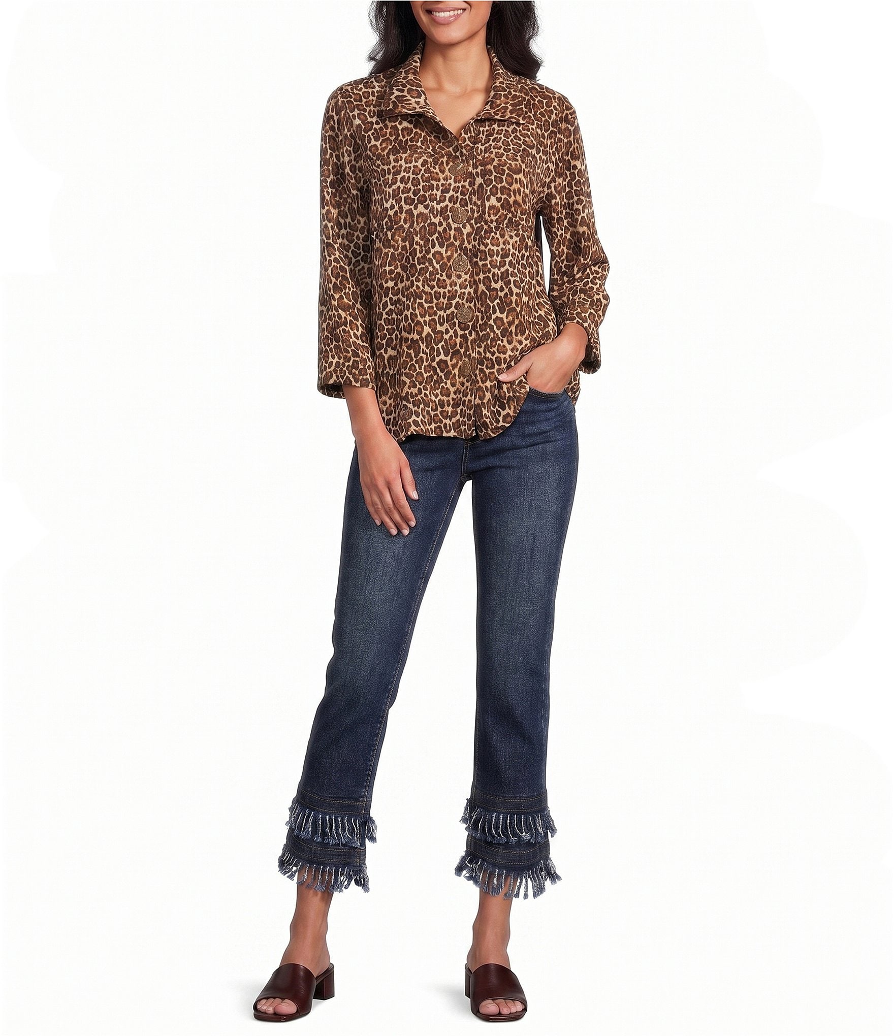 John Mark Woven Cheeta Print Wire Collar 3/4 Sleeve Button Front Blouse