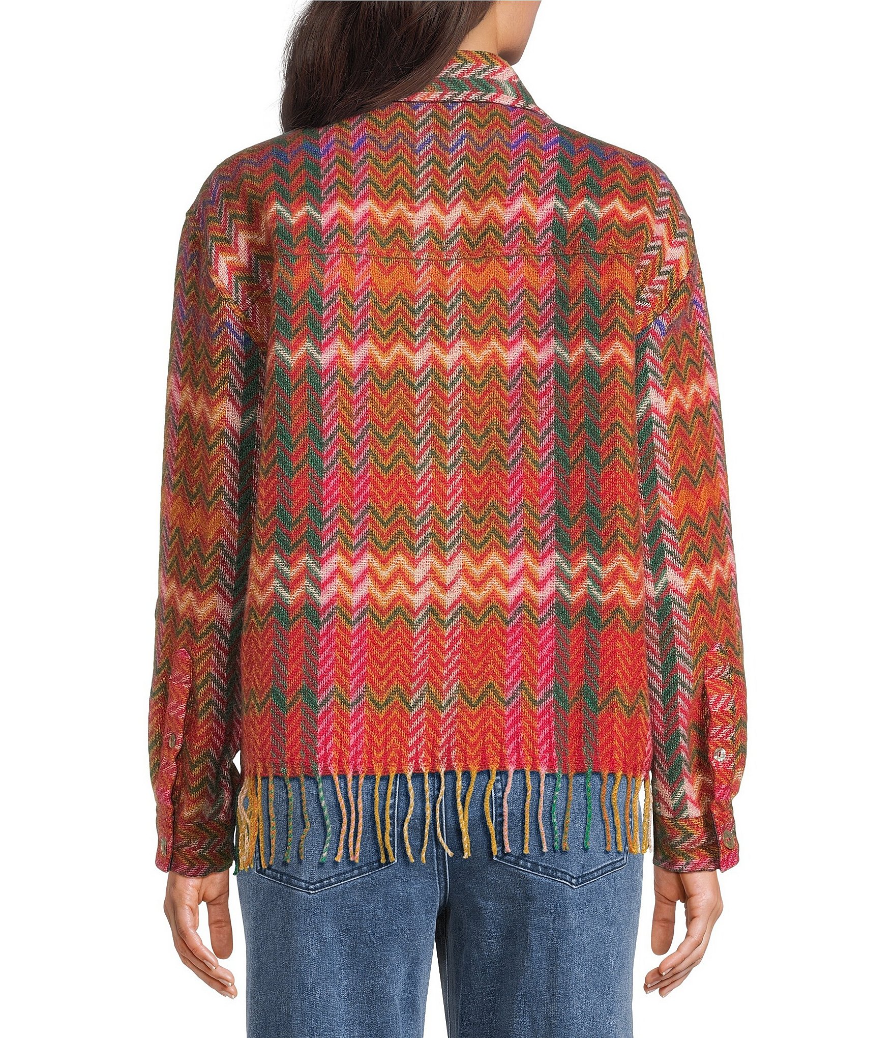 John Mark Woven Chevron Pattern Point Collar Long Sleeve Fringe Hem Button Front Jacket