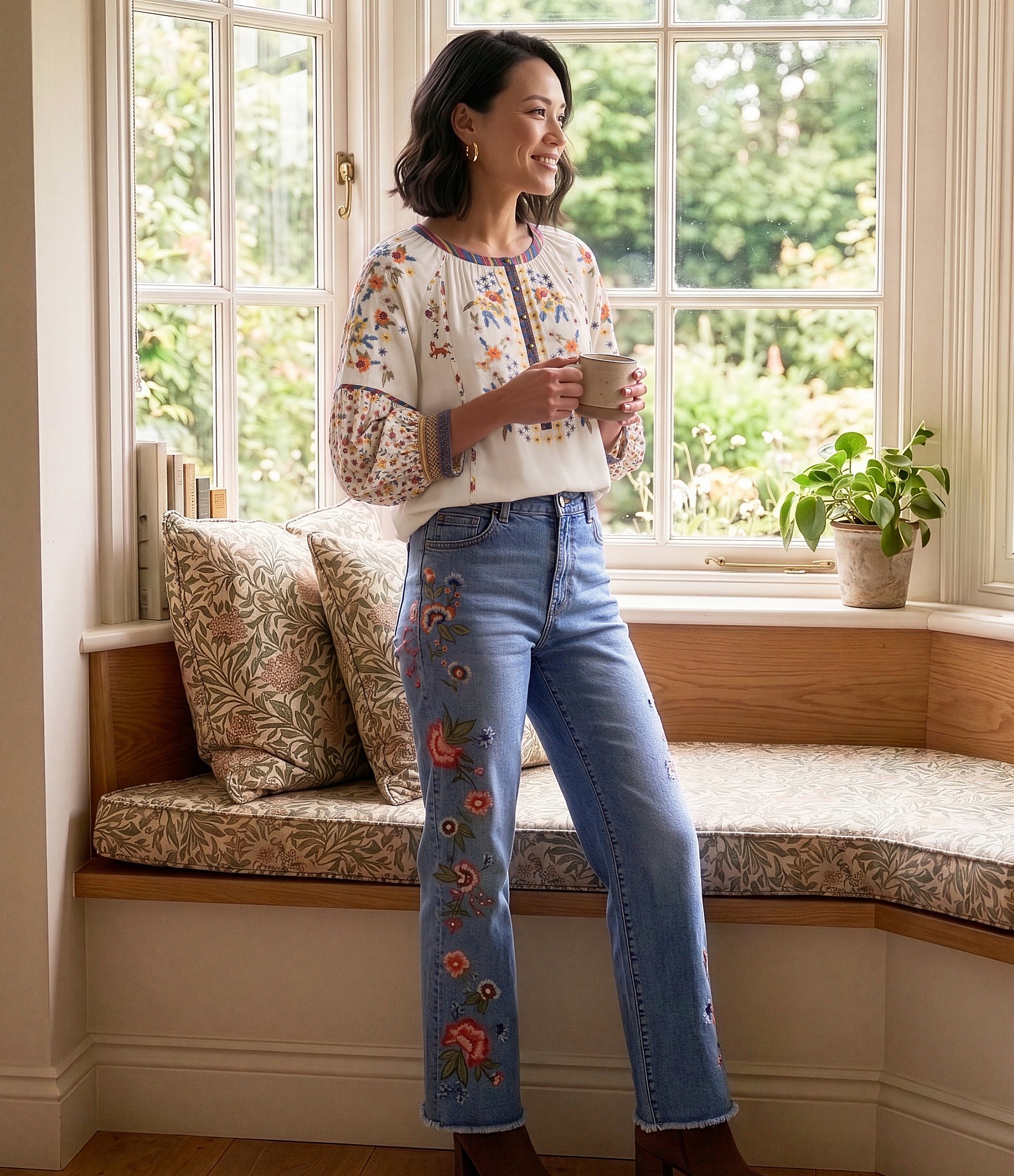 John Mark Woven Ditsy Floral Print Embroidered Scoop Neck 3/4 Sleeve Pullover Top