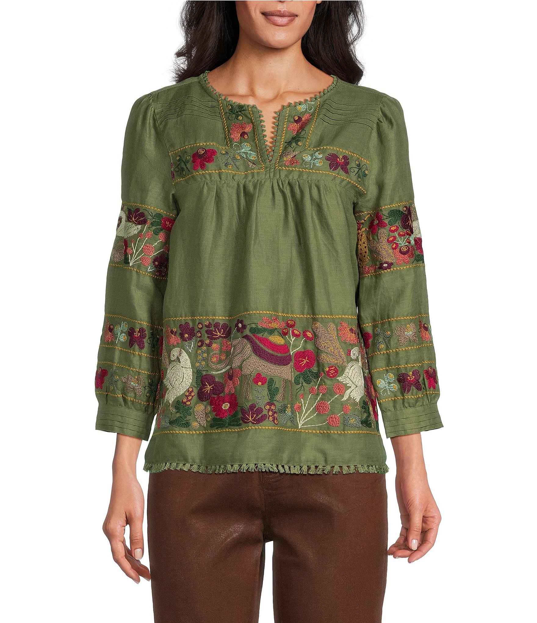 John Mark Woven Embroidered Animal Split V Neck 3/4 Sleeve Pullover Tunic