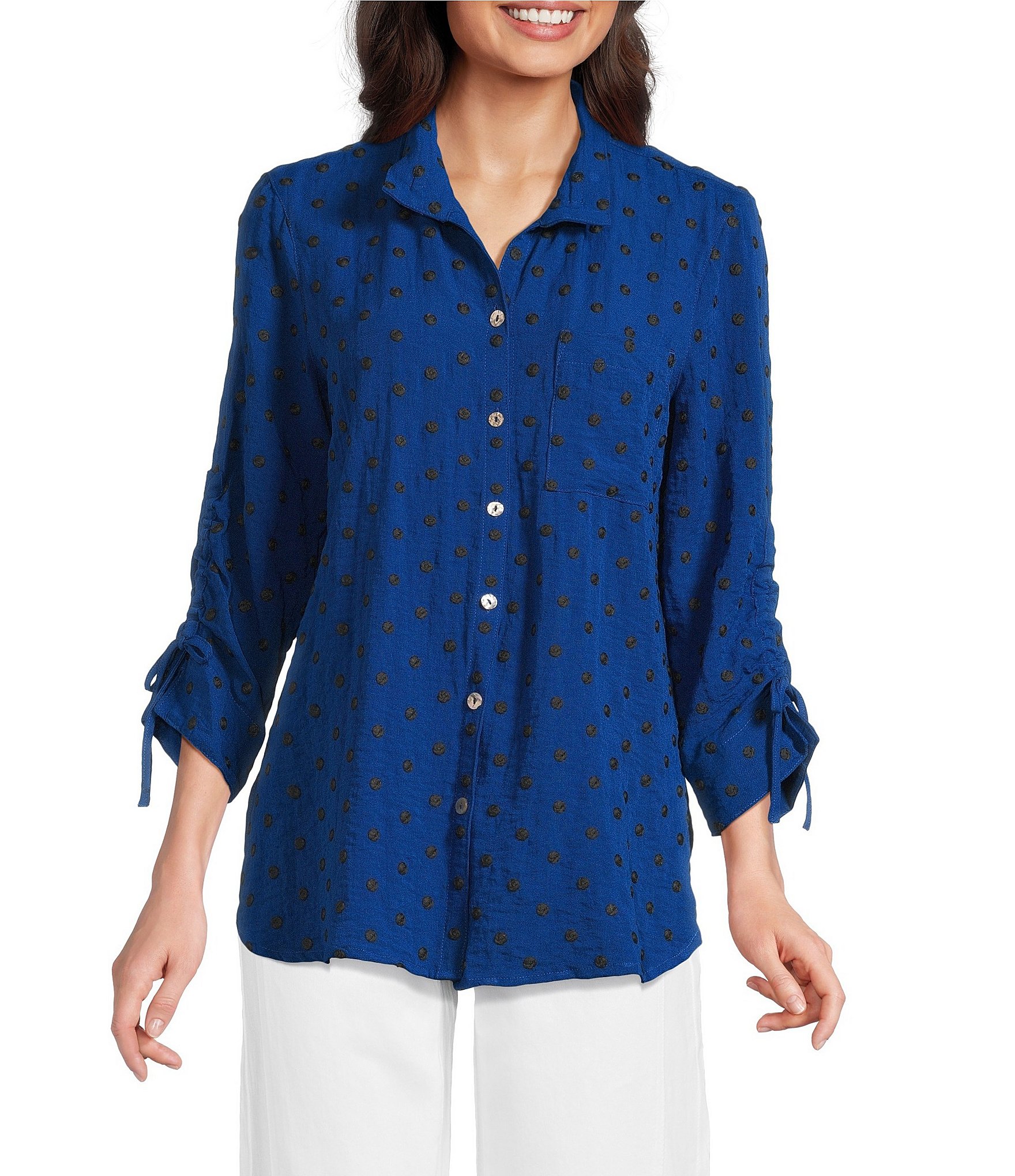 John Mark Woven Embroidered Dot Print Wire Collar 3/4 Sleeve Top