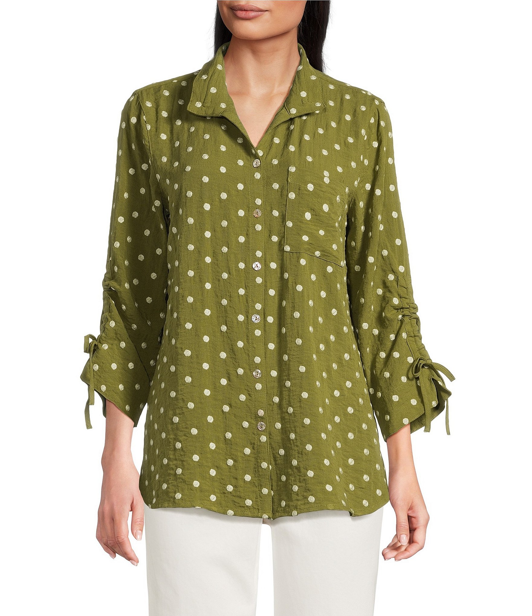 John Mark Woven Embroidered Dot Print Wire Collar 3/4 Sleeve Top