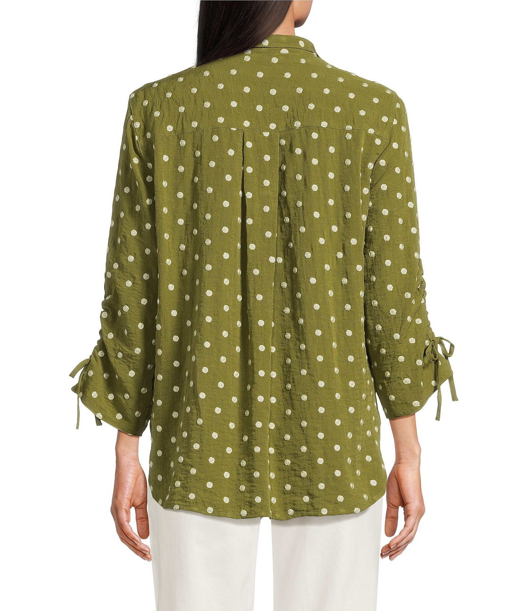 John Mark Woven Embroidered Dot Print Wire Collar 3/4 Sleeve Top