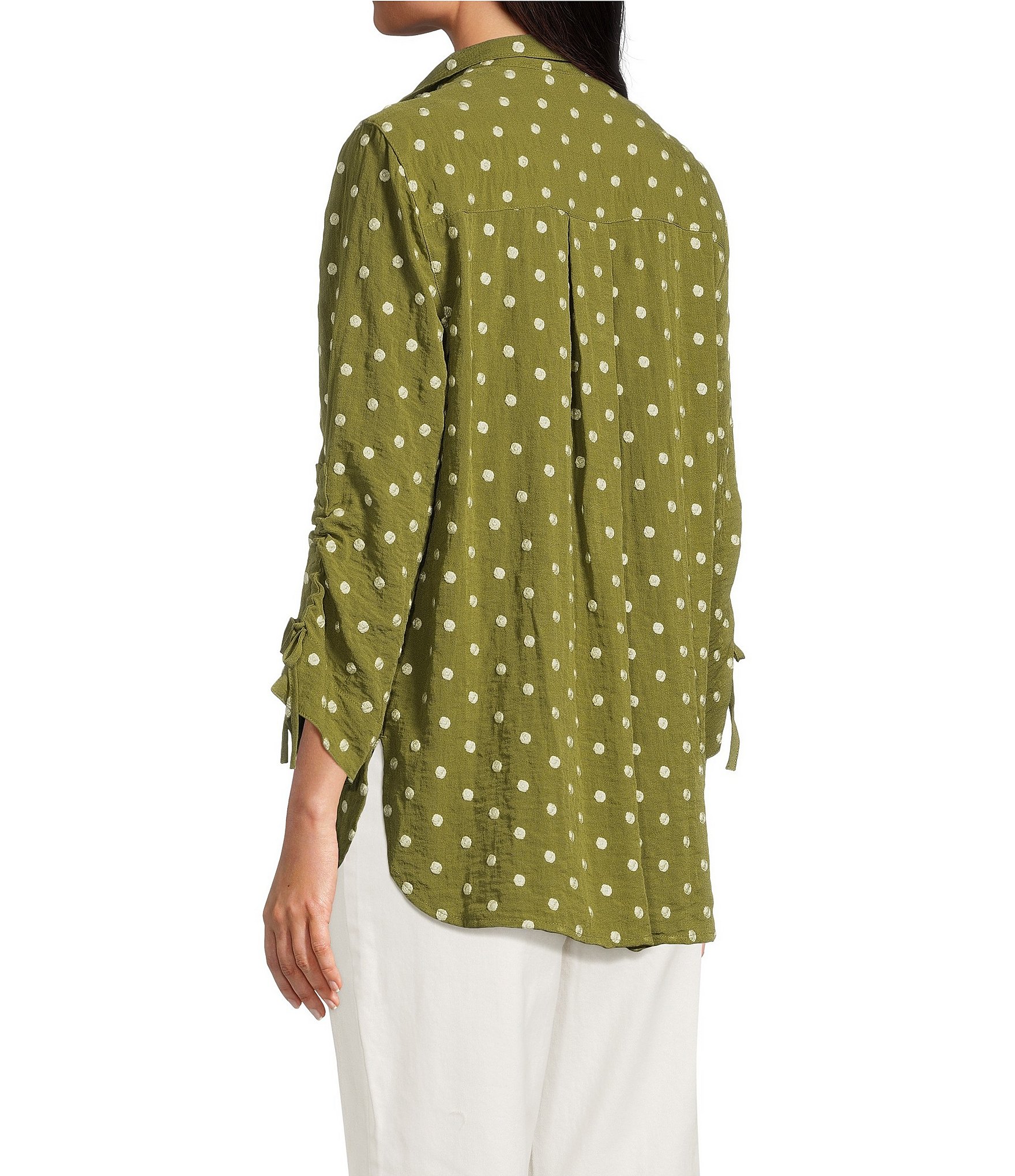 John Mark Woven Embroidered Dot Print Wire Collar 3/4 Sleeve Top
