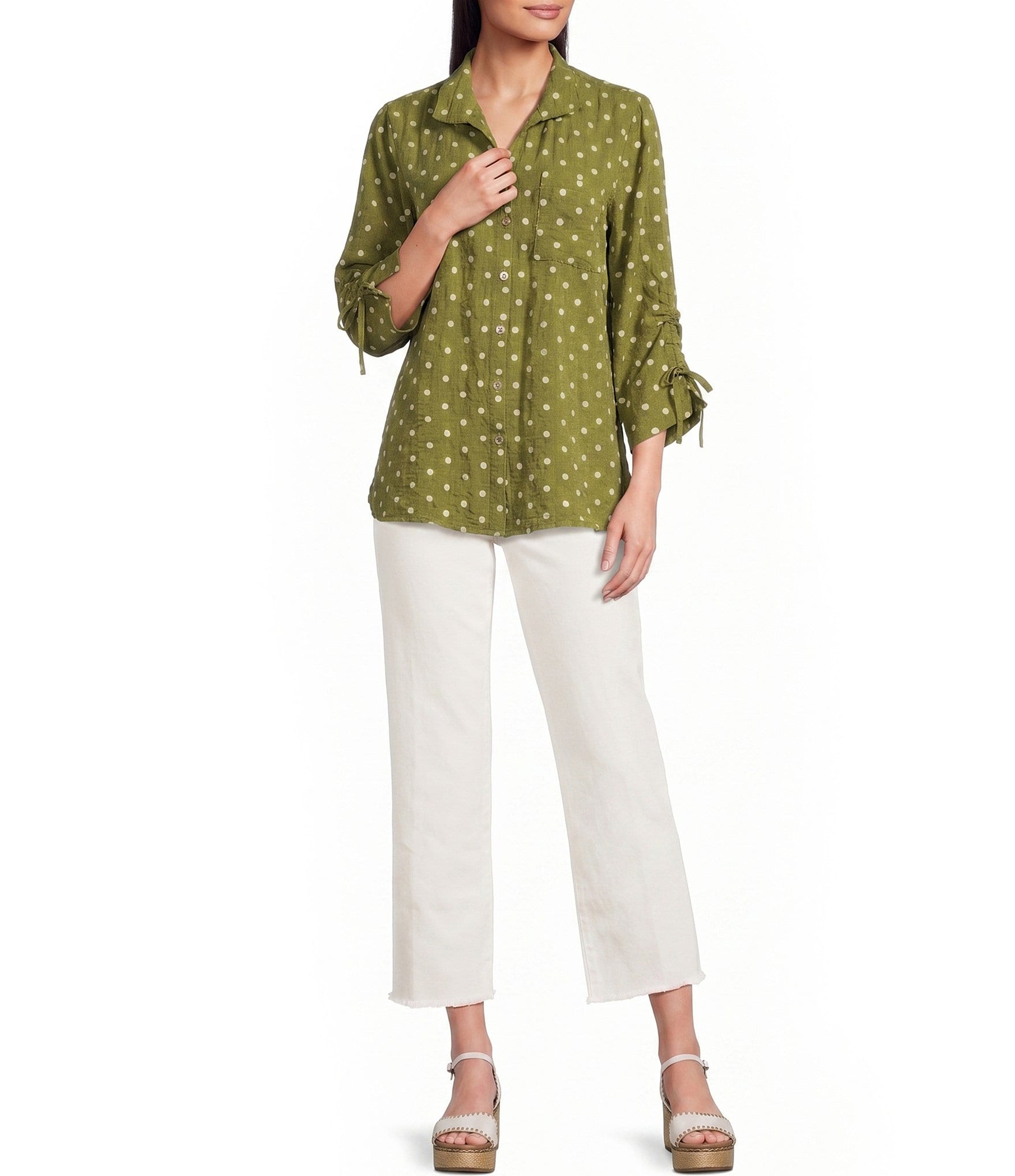 John Mark Woven Embroidered Dot Print Wire Collar 3/4 Sleeve Top