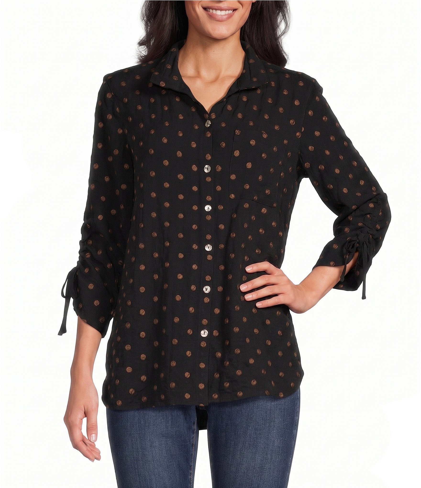 John Mark Woven Embroidered Dot Print Wire Collar 3/4 Sleeve Top