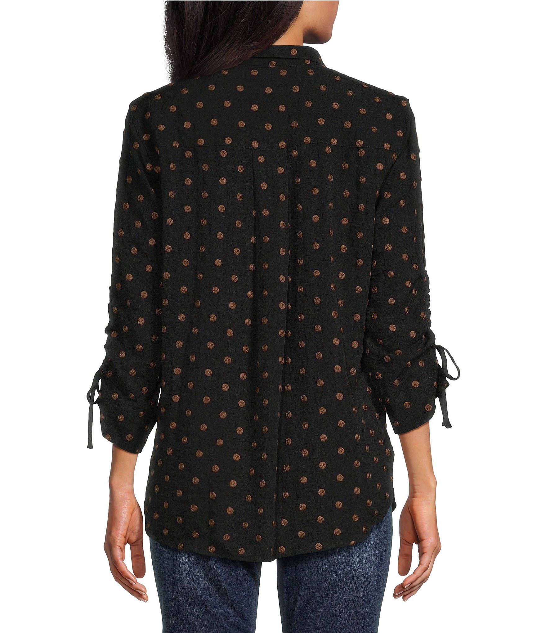 John Mark Woven Embroidered Dot Print Wire Collar 3/4 Sleeve Top
