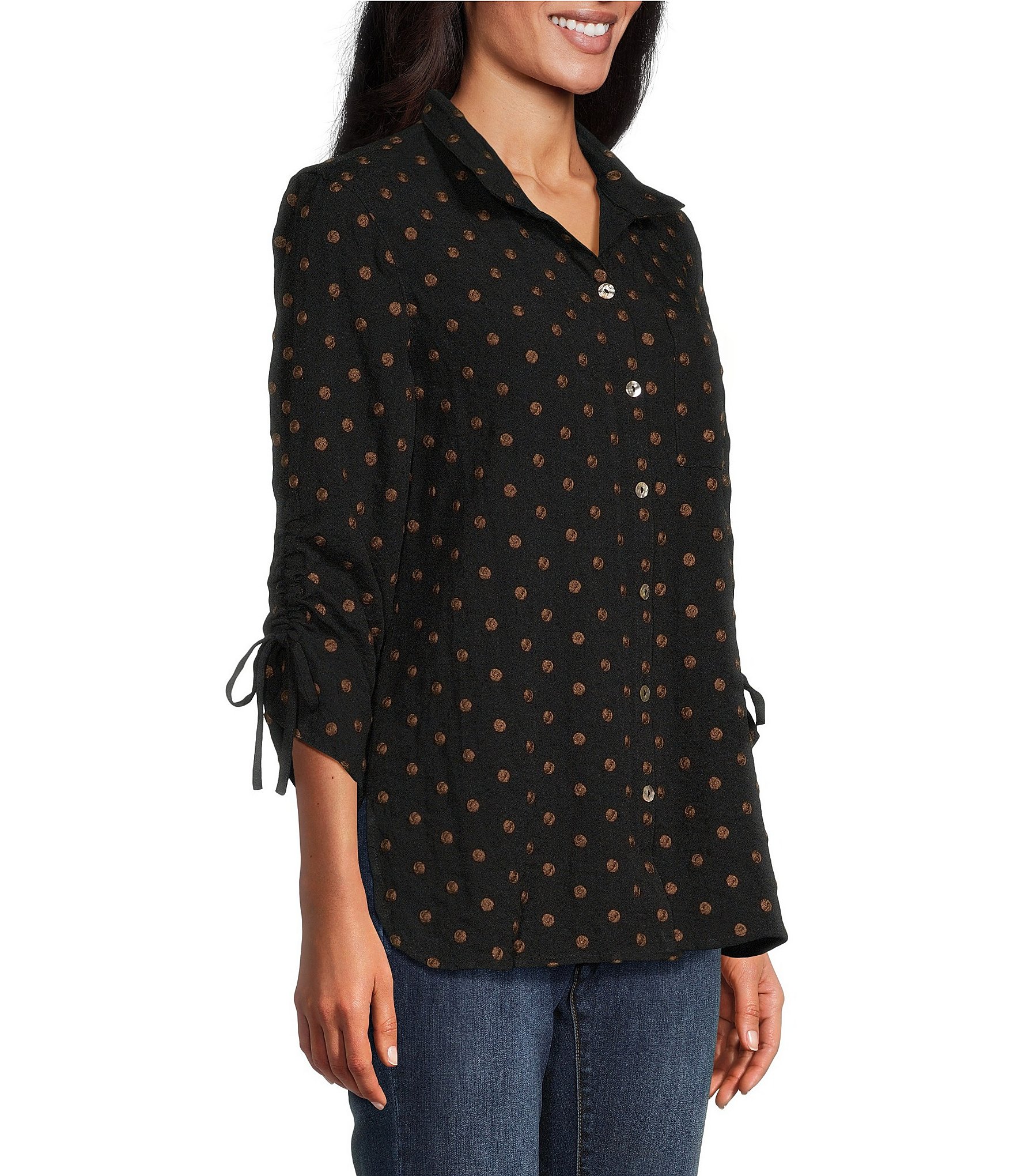 John Mark Woven Embroidered Dot Print Wire Collar 3/4 Sleeve Top